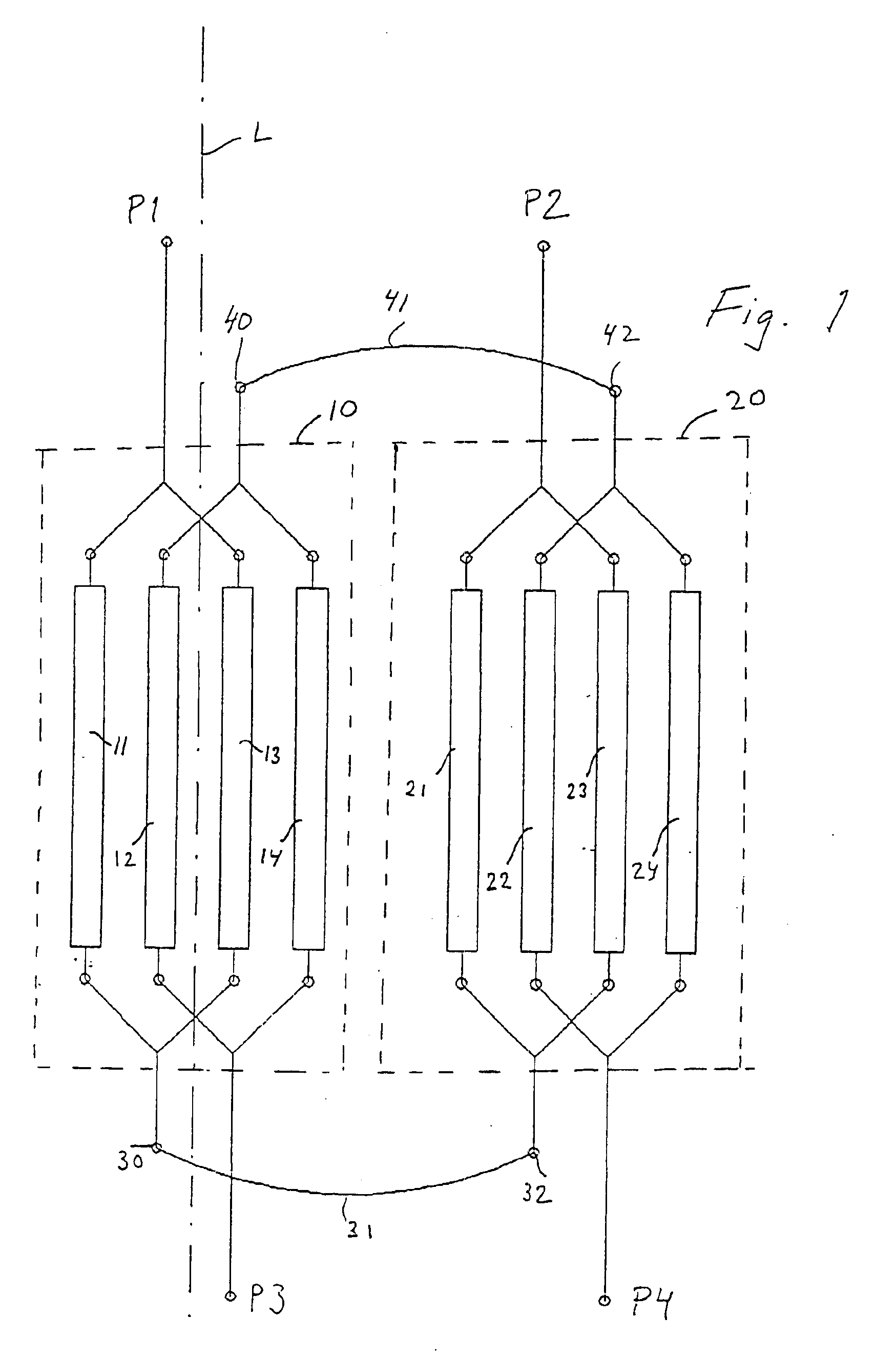 Four port hybrid microstrip circuit of Lange type
