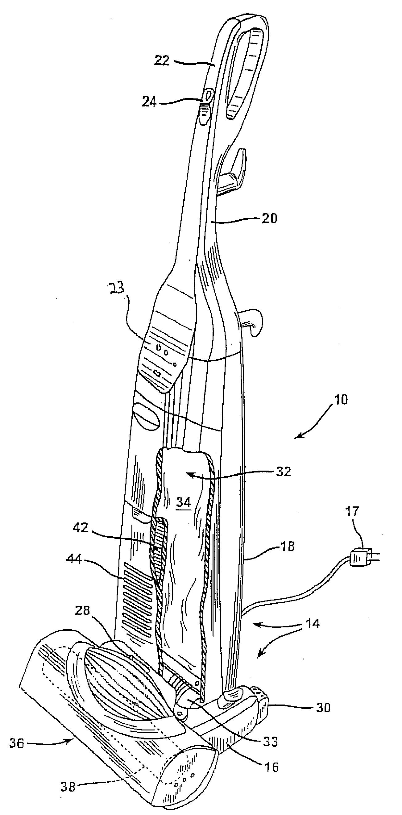 Self-cleaning filter arrangement with activation signal for floor care apparatus