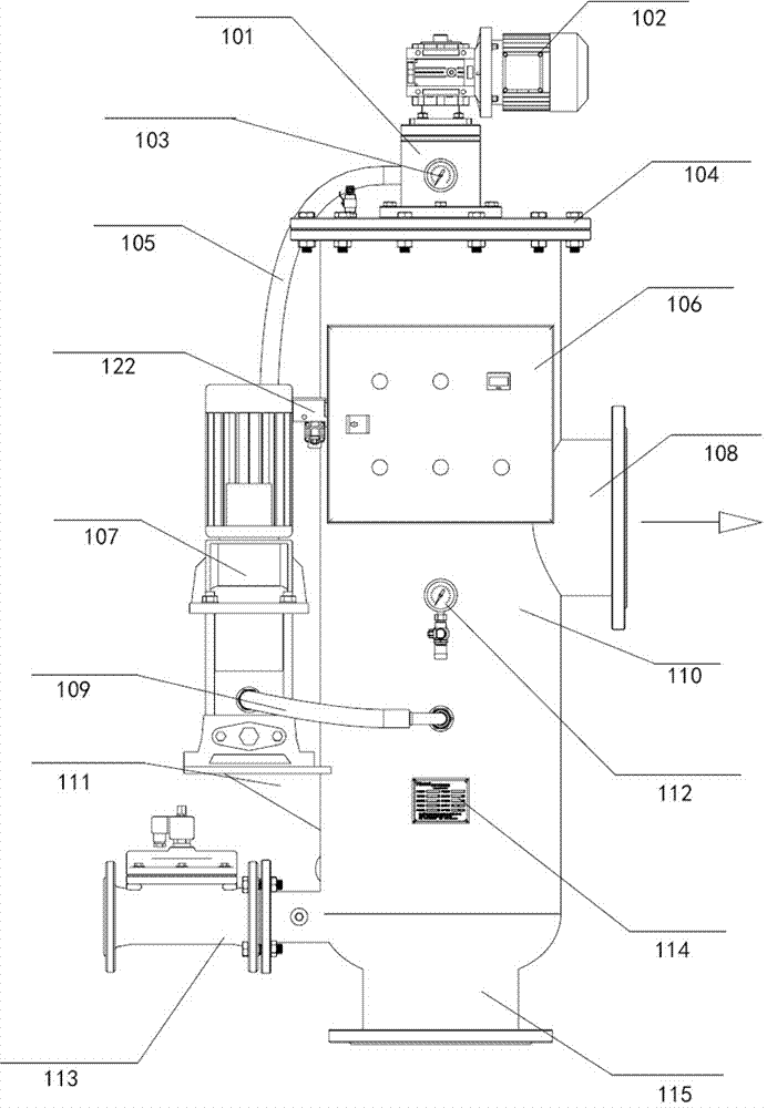 Vertical self-cleaning filter and self-cleaning method