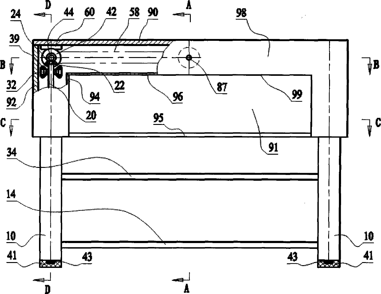 Desk with four legs ascending and descending synchronously