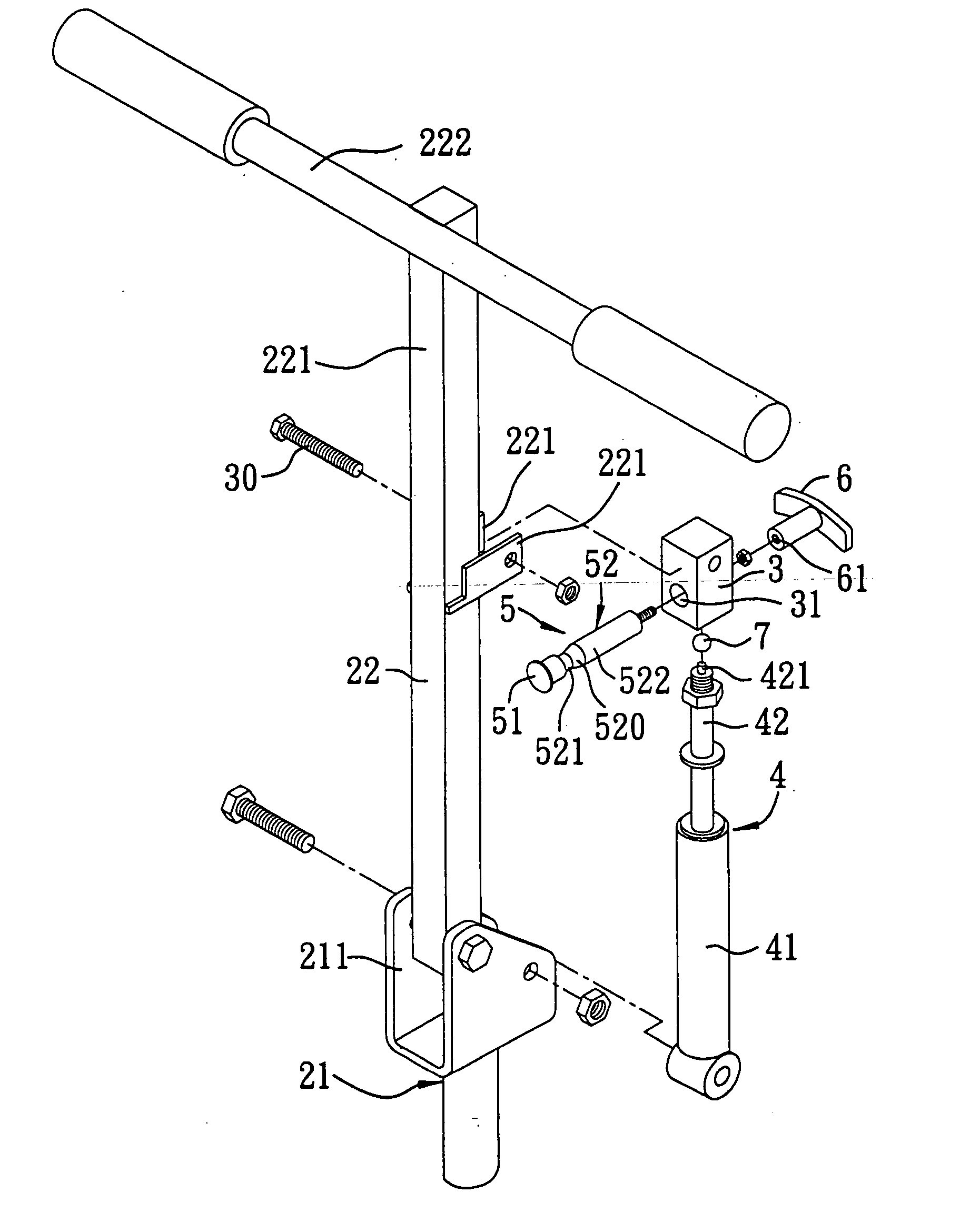Handle-adjusting device for adjusting the position of a handle relative to a vehicle frame