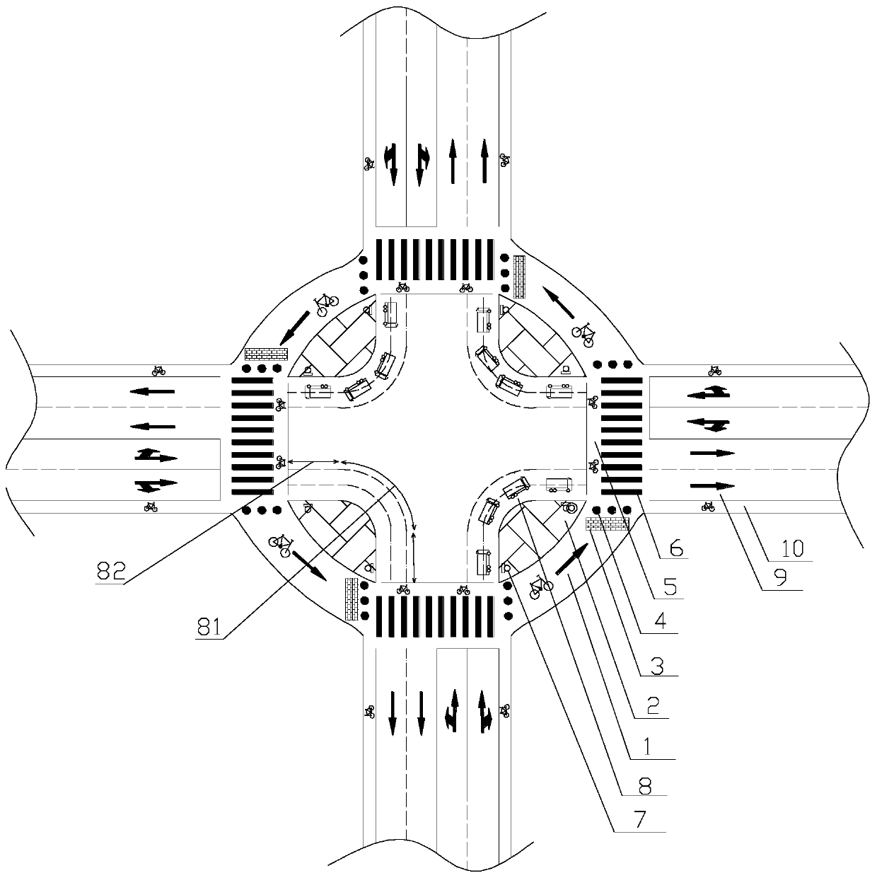 Non-motor vehicle and pedestrian channelization special way system for intersection