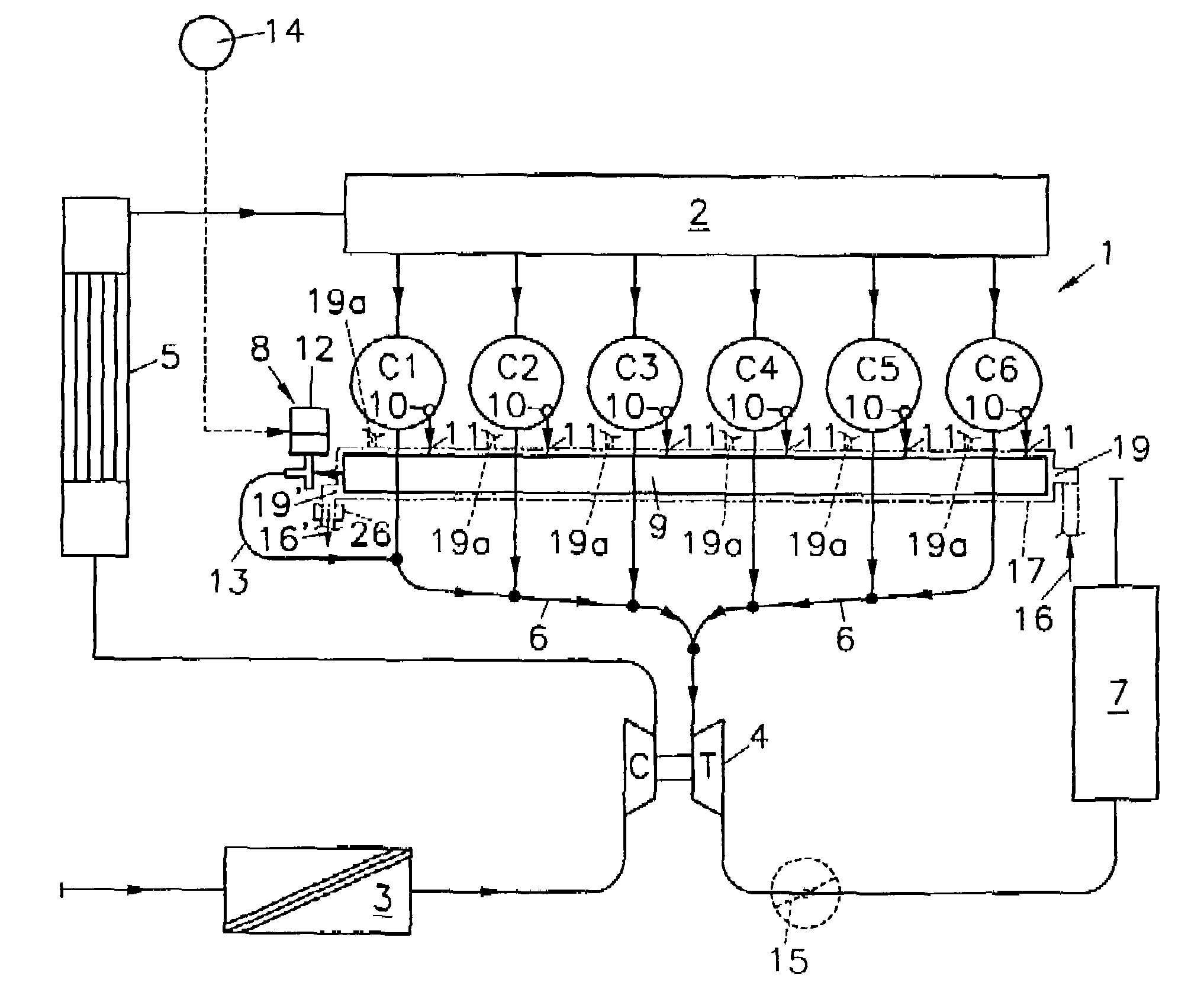 Engine brake system of a multicylinder internal combustion engine comprising a cooled intermediate pipe for exchanging gas between cylinders during engine braking