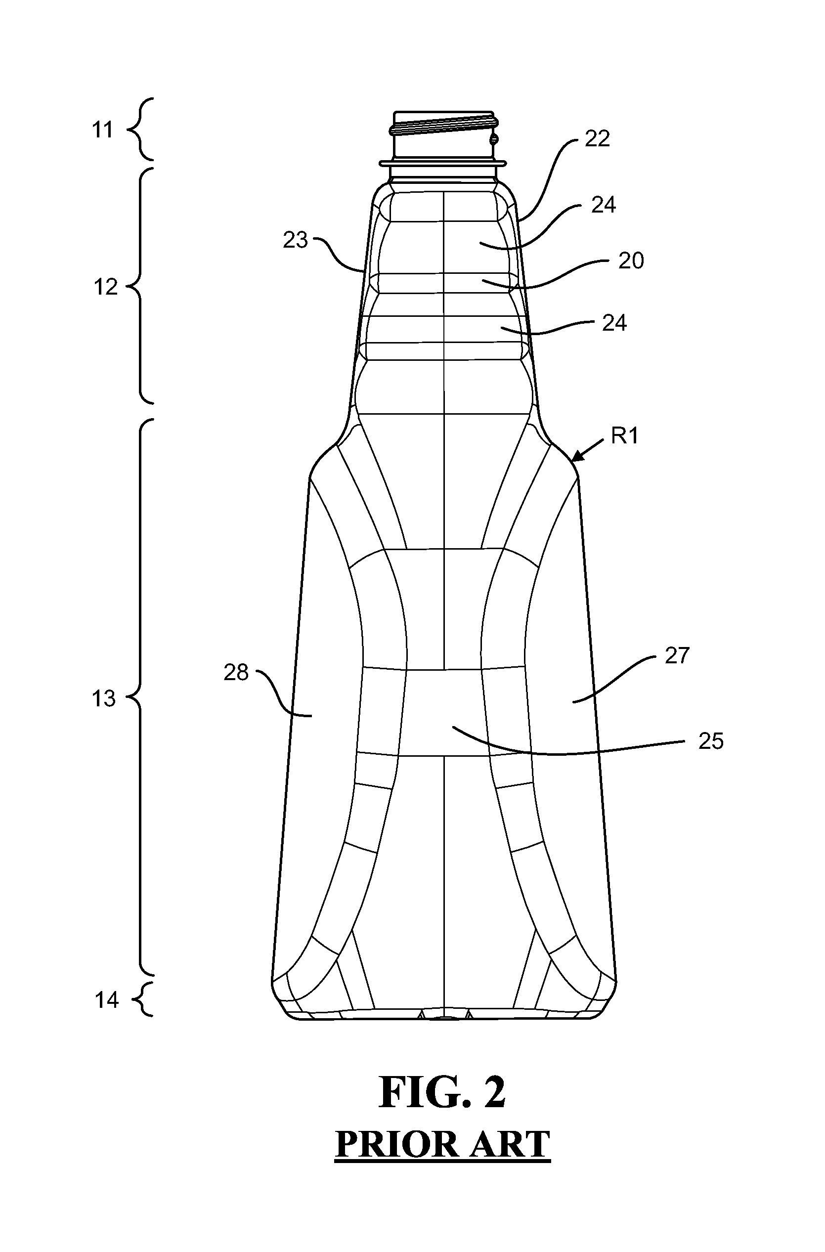 Bottle with top loading resistance with front and back ribs