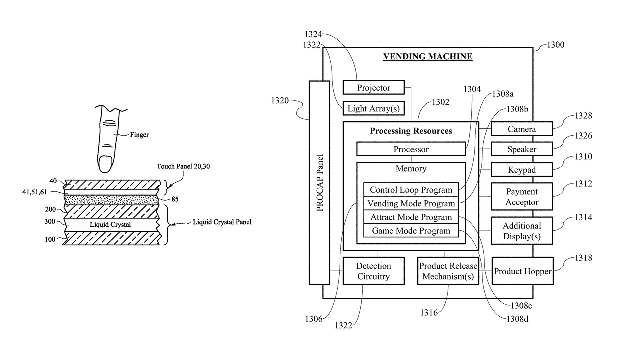 Vending machines with large area transparent touch electrode technology, and/or associated methods