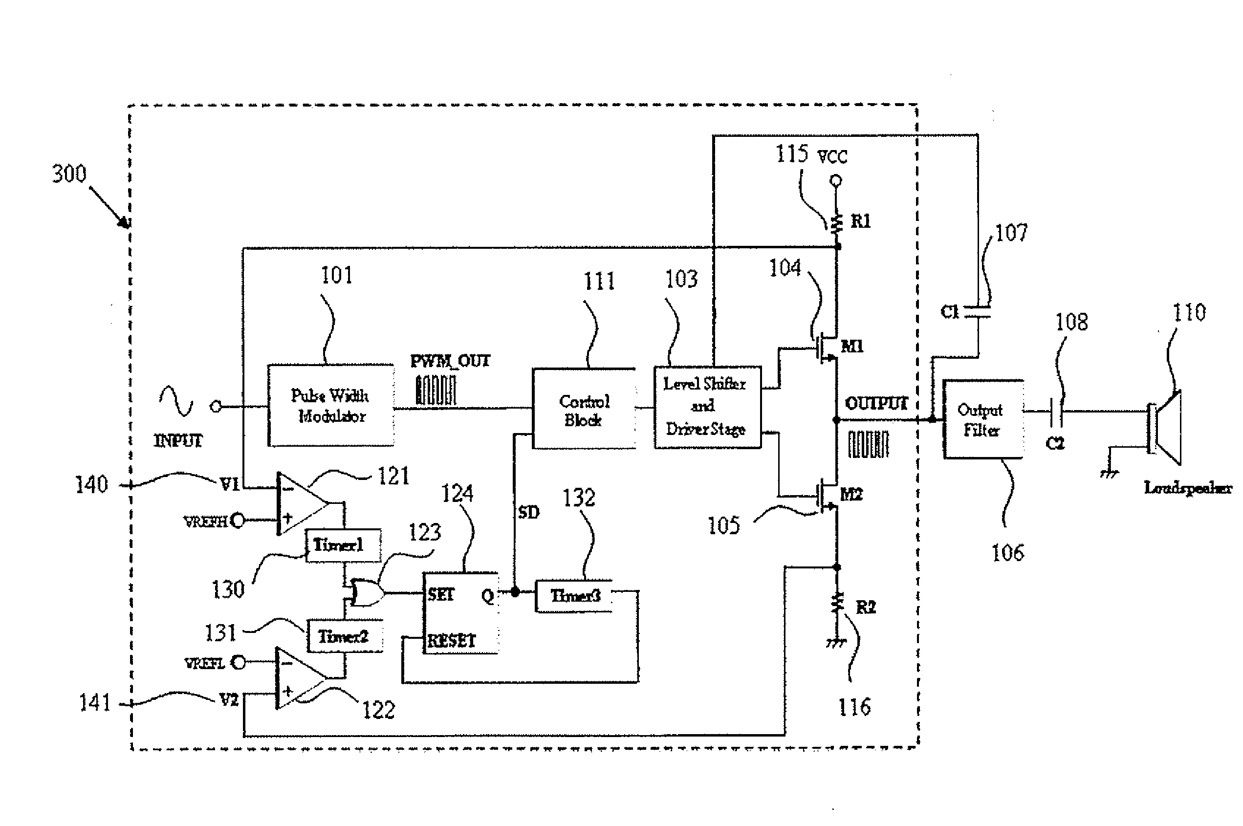 Timer reset circuit for overcurrent protection of switching power amplifier
