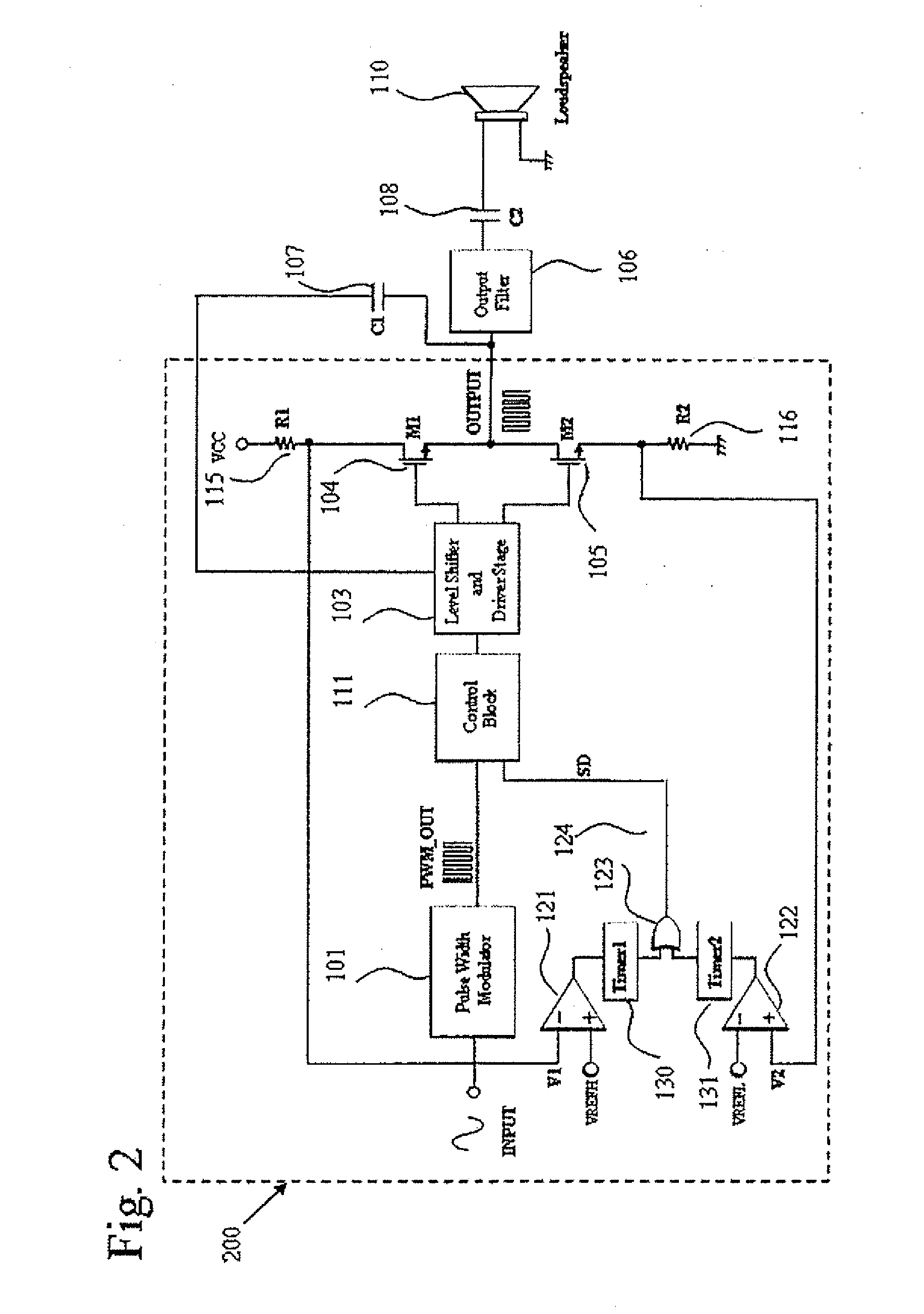 Timer reset circuit for overcurrent protection of switching power amplifier