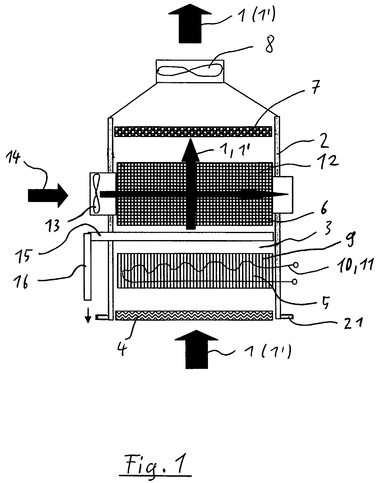 Method and device for discharging and dehumidifying air in a cooking area
