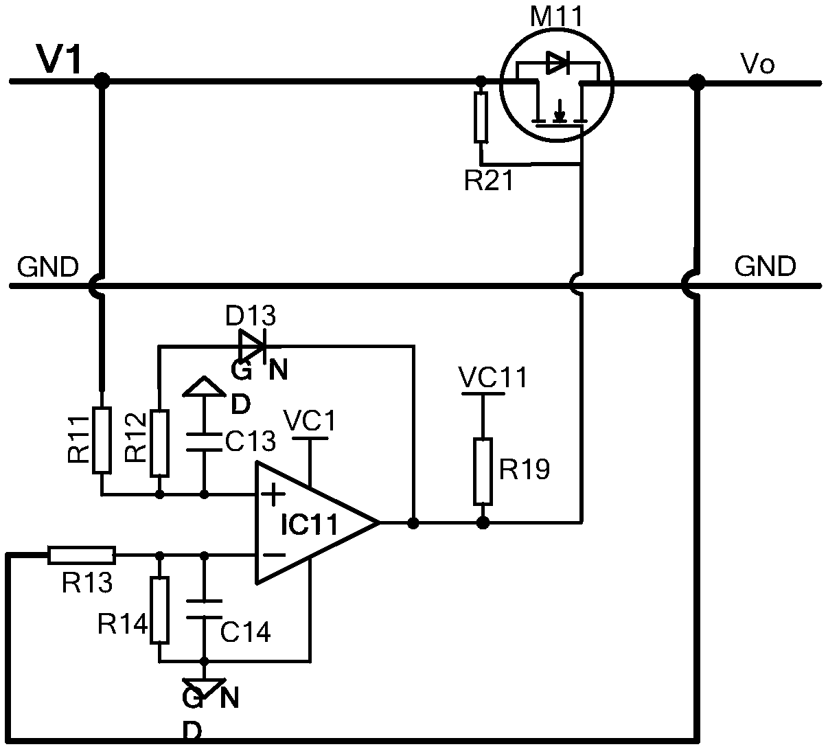 A main backup power failure detection and automatic switching control circuit