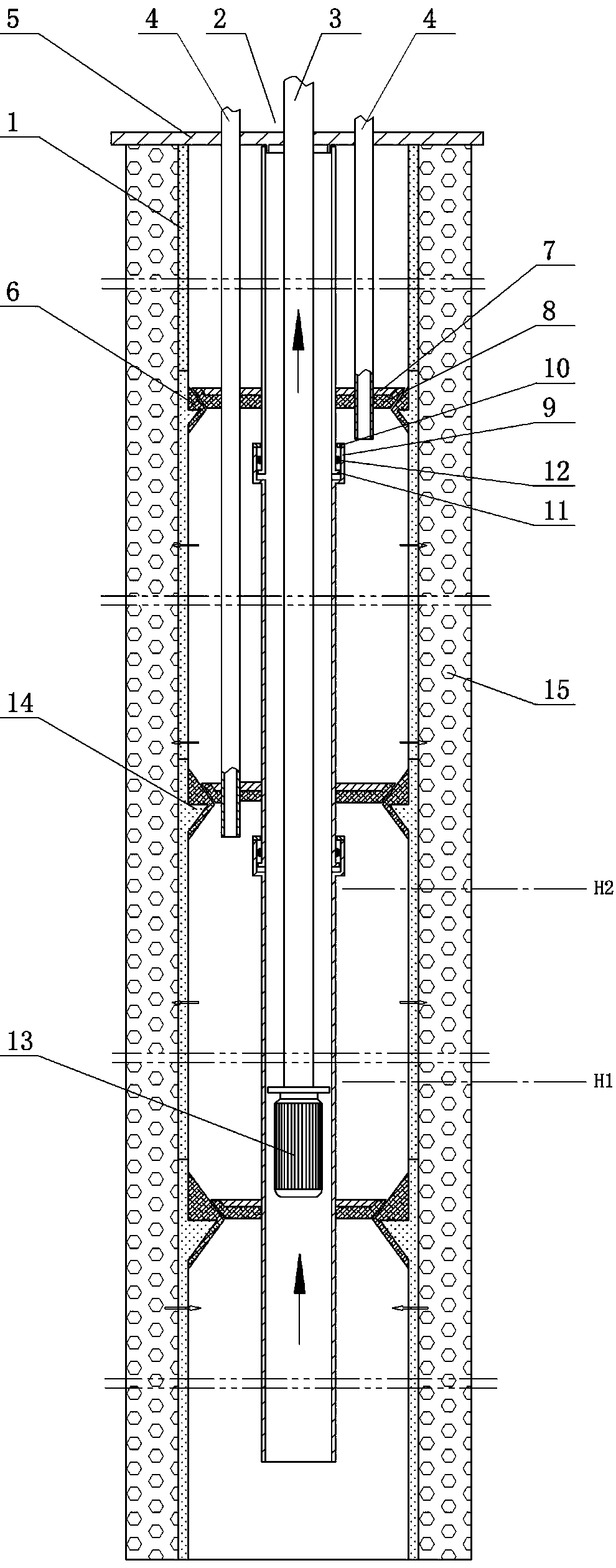Compensated shallow geothermal energy conversion device in the same well for geothermal energy central air conditioning
