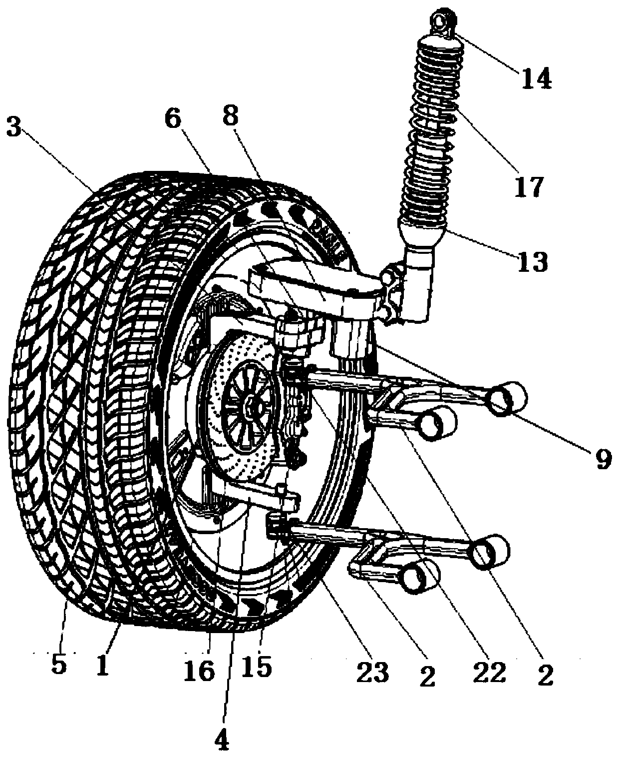 Double-fork-arm suspension structure capable of steering in all directions based on hub motor
