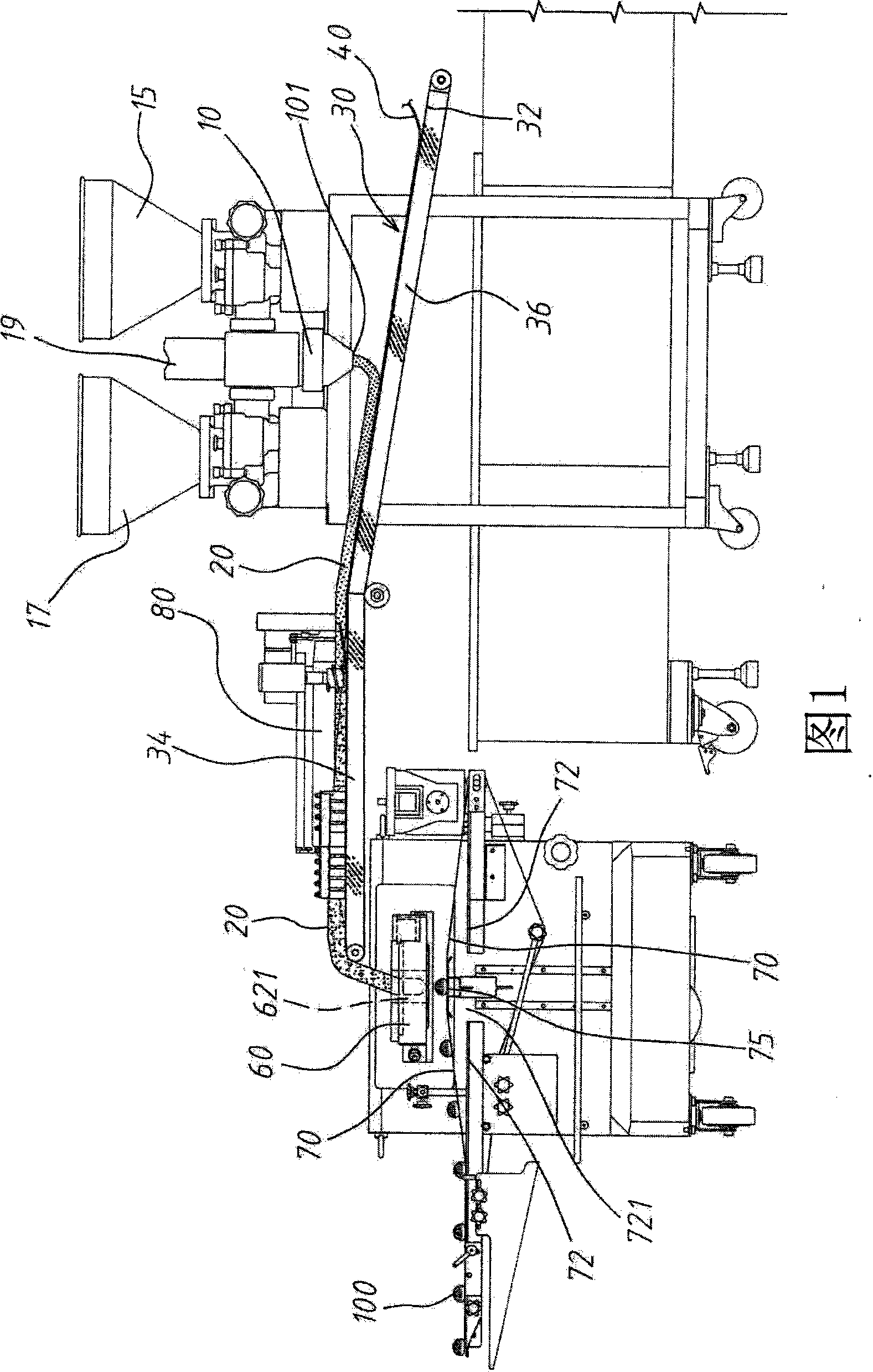 Forming device for producing food with three layers of different stuffing and method