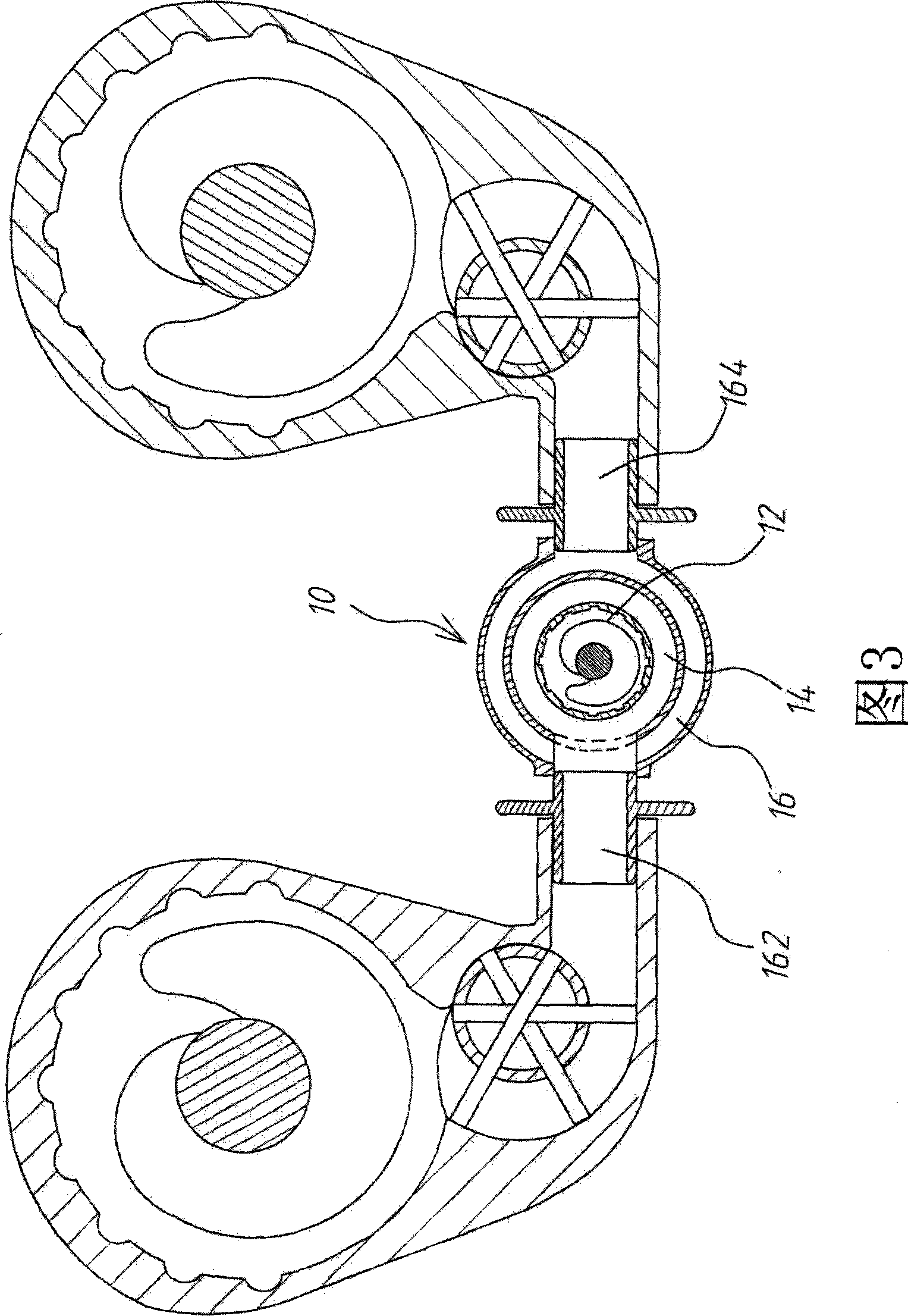 Forming device for producing food with three layers of different stuffing and method