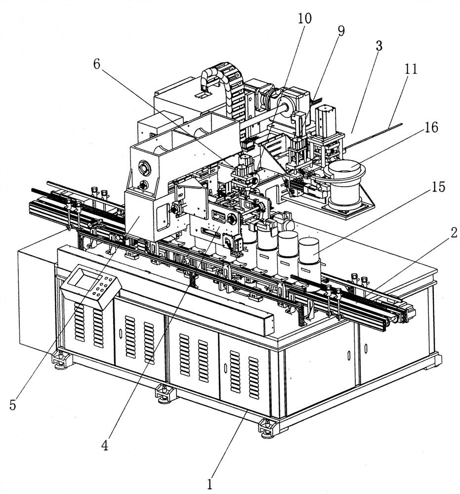 Full-automatic manufacturing and mounting machine for plastic handle of metal packaging tin