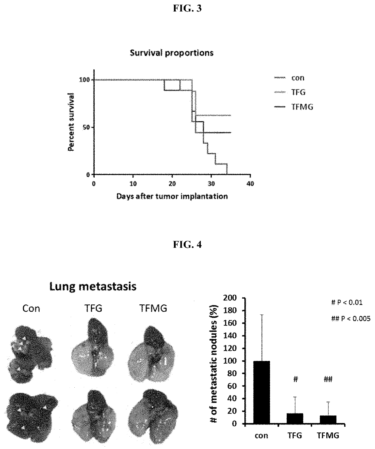 Composition for treating cancer or inhibiting cancer metastasis, including tfg or tfmg nanoparticles