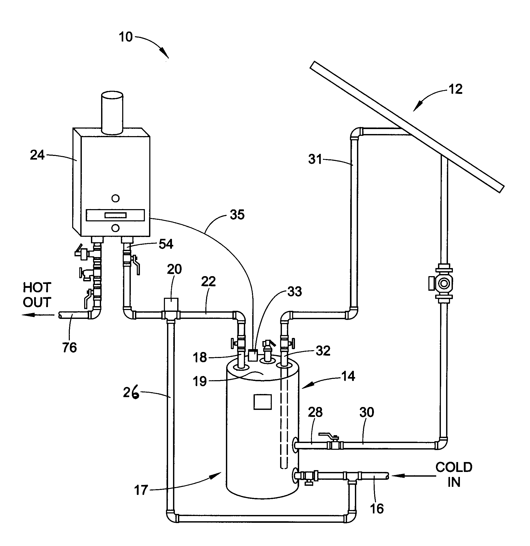 Control for a tankless water heater used with a solar water heating system