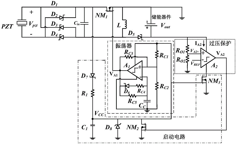 Self-powered power supply management circuit applied to discontinuous piezoelectric energy acquisition system