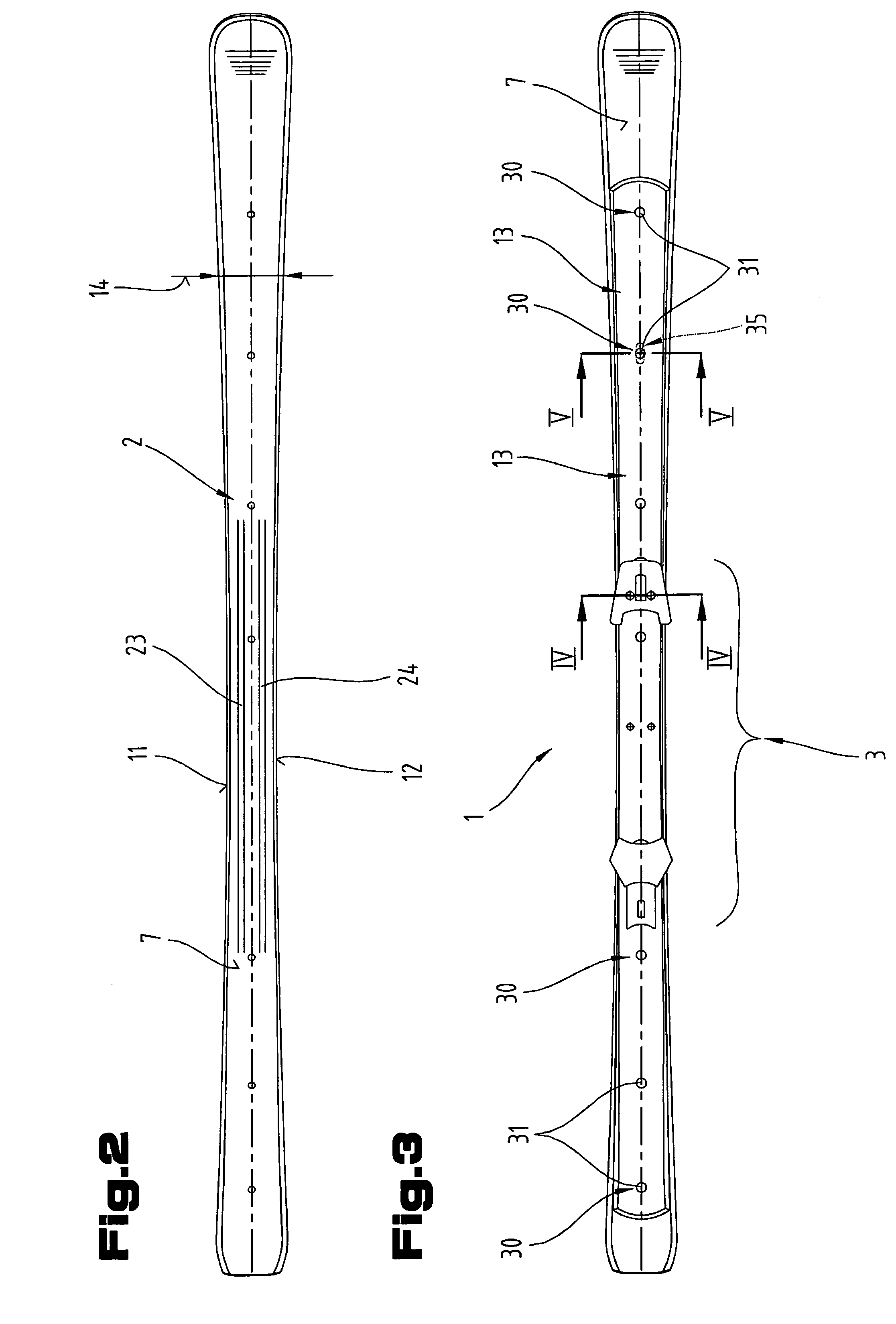 Ski or snowboard with a plate-type force-transmitting element