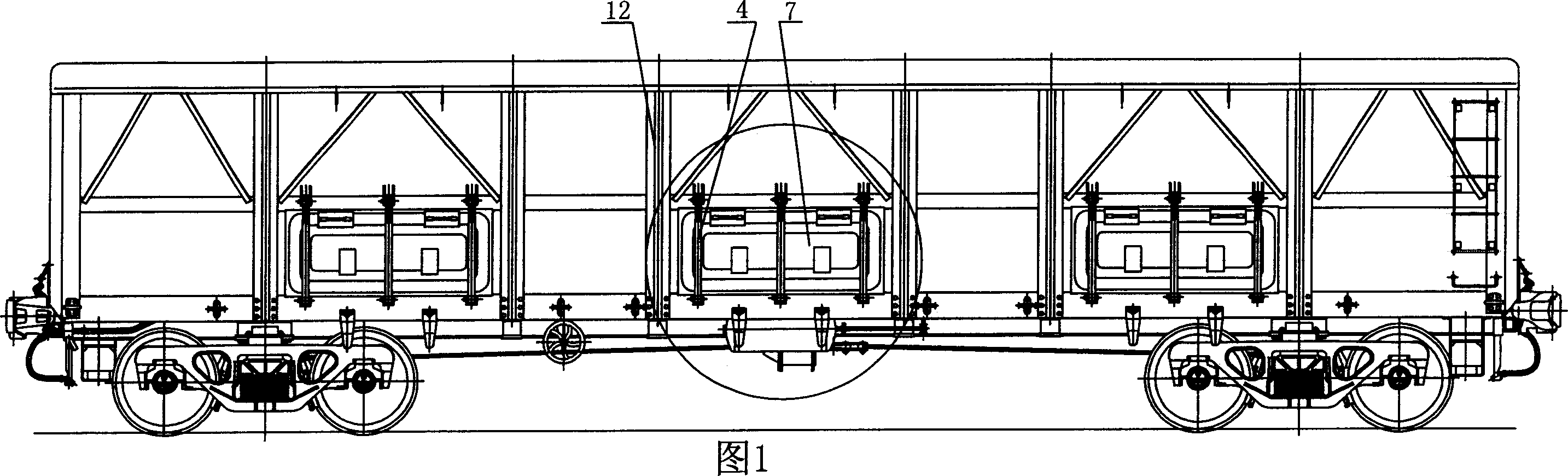 Door lock at underside of open freight car of railroad freingt activity
