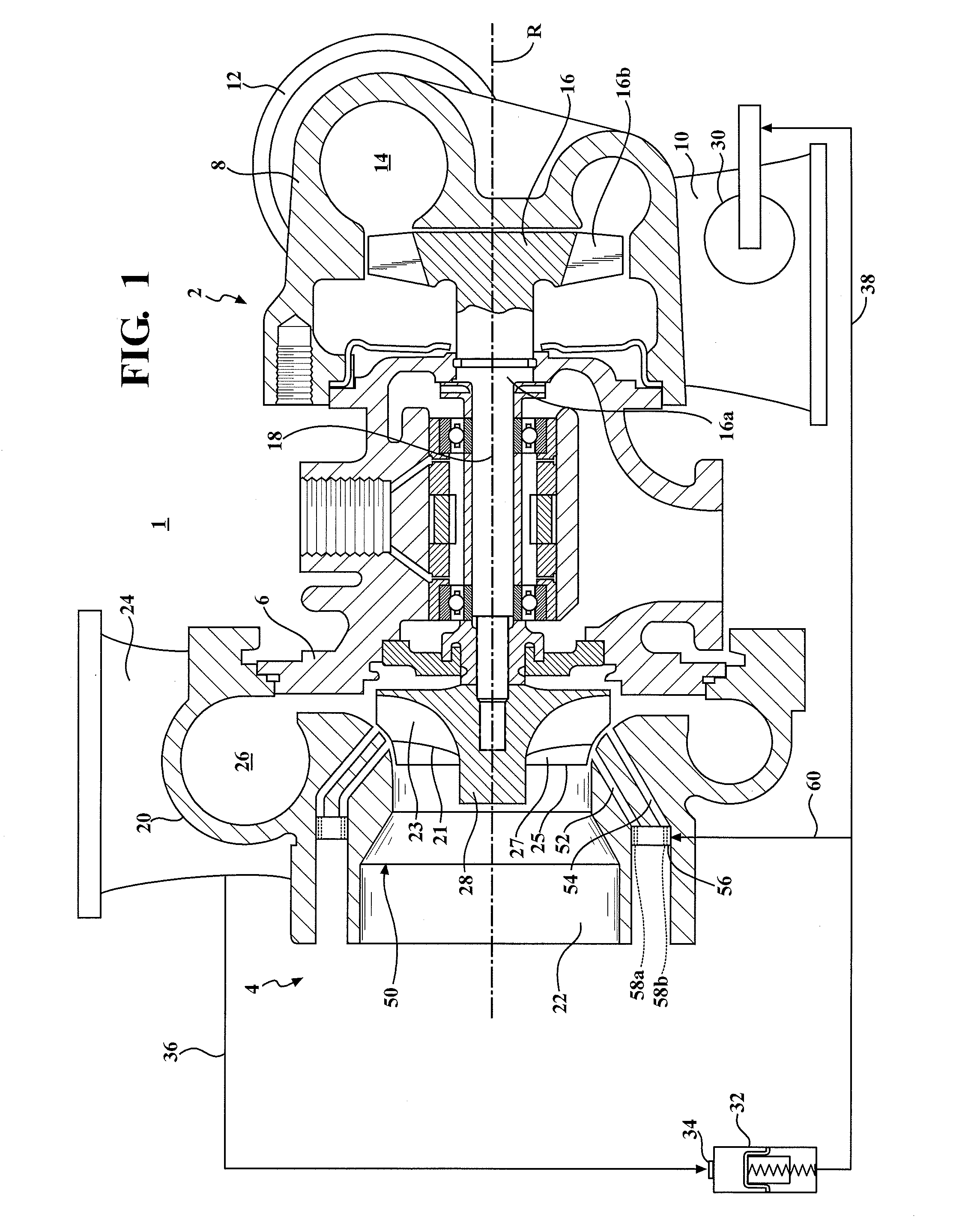 Turbocharger combining axial flow turbine with a compressor stage utilizing active casing treatment