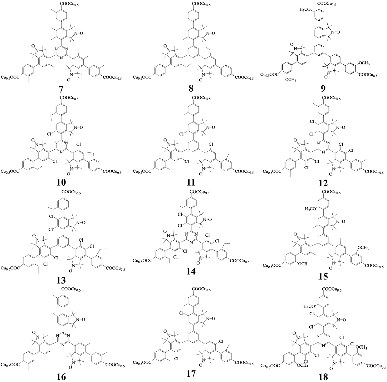 Mesitylene biaryl (triazine) tricarboxylic acid copper complex containing nitrogen oxygen radicals, and application thereof in preparing menadione