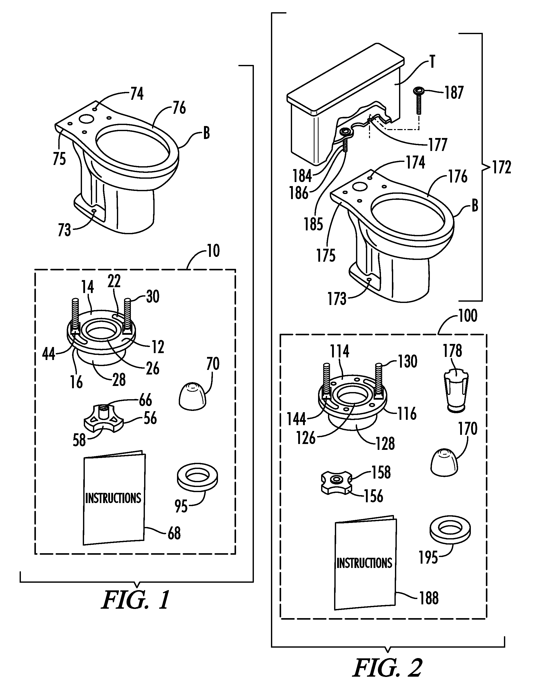 Kits, assemblies and methods for no-tools toilet installation