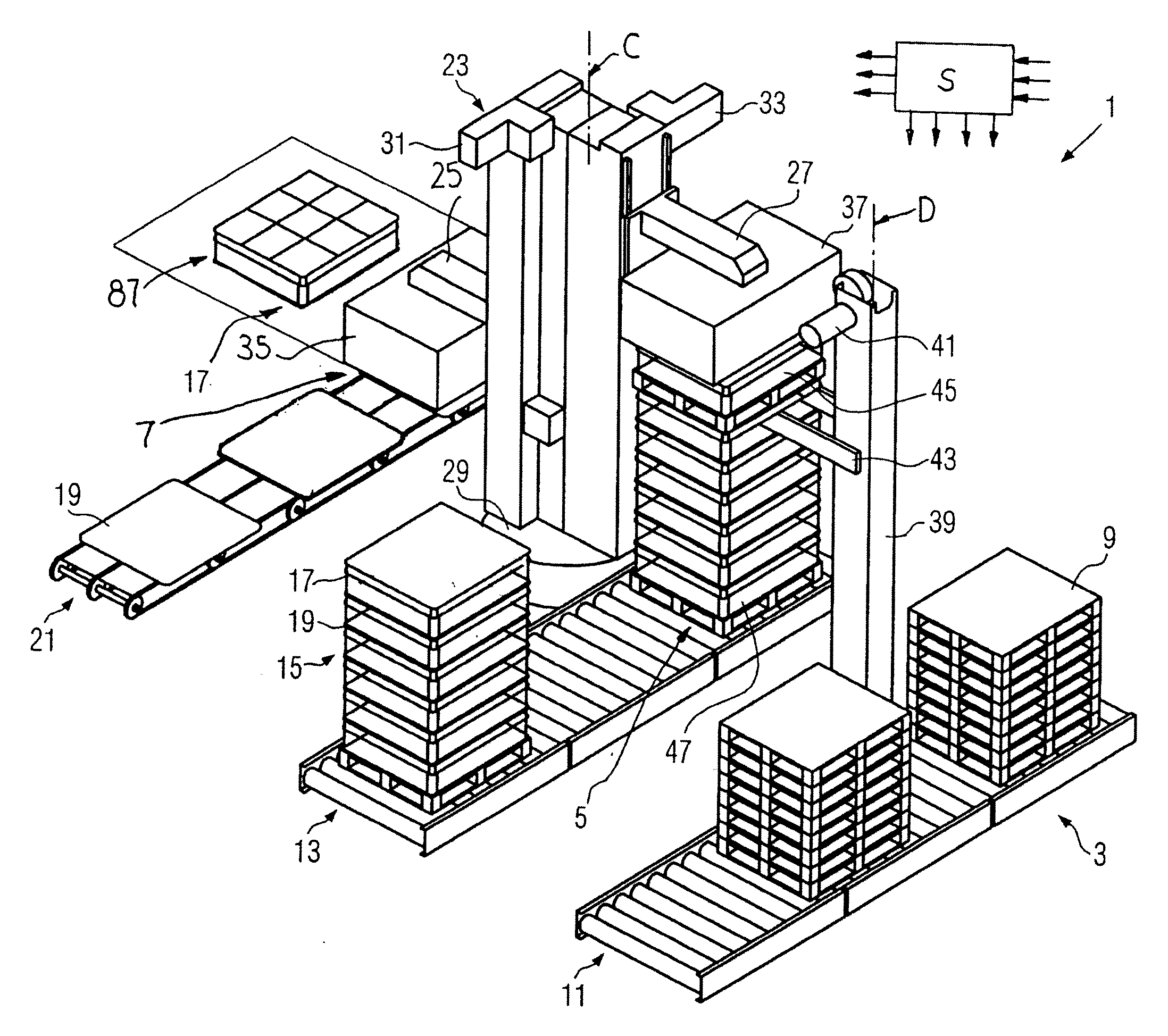 Method for loading and unloading a pallet and corresponding palletizer
