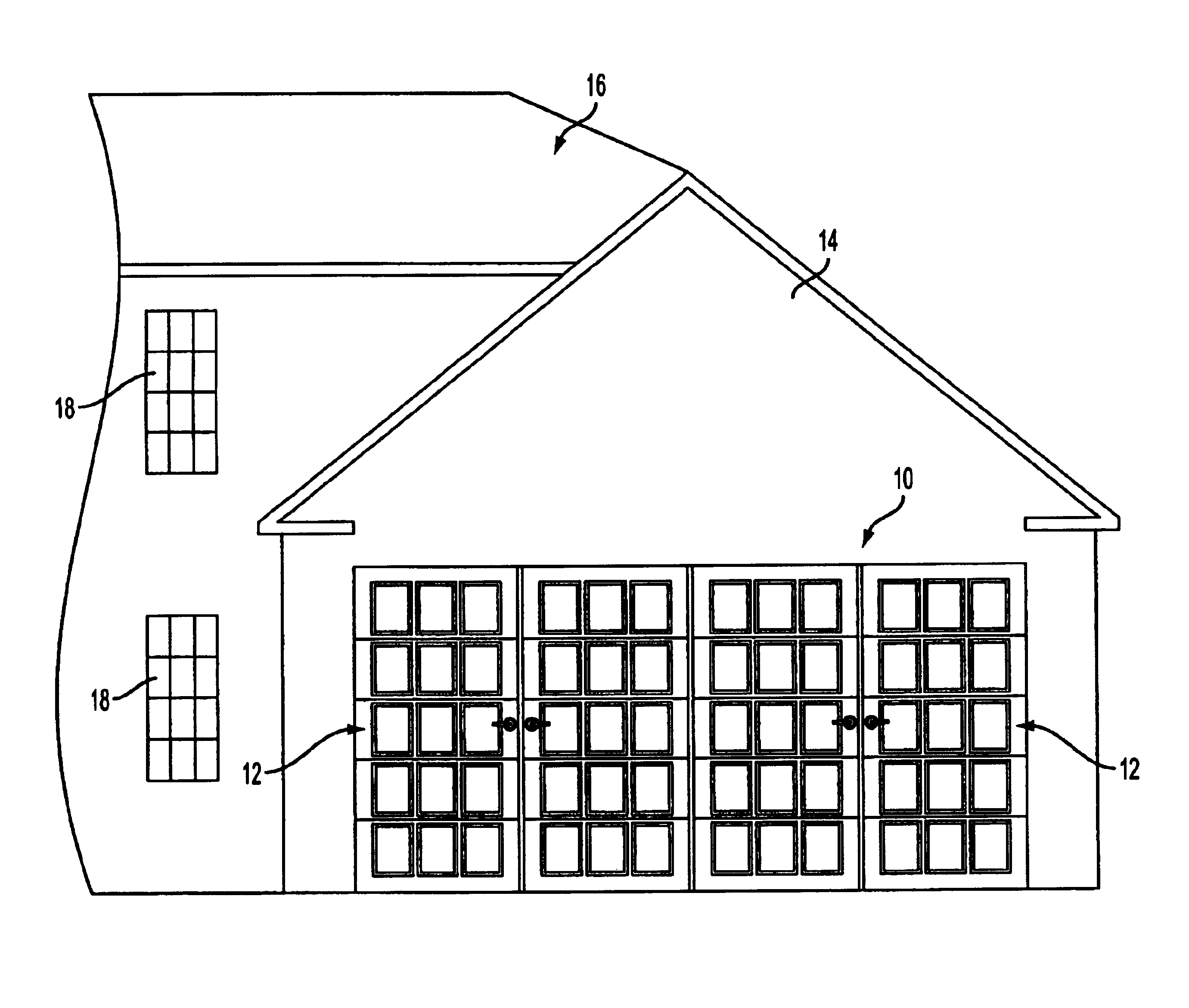 Overhead garage door with decorative house facade elements