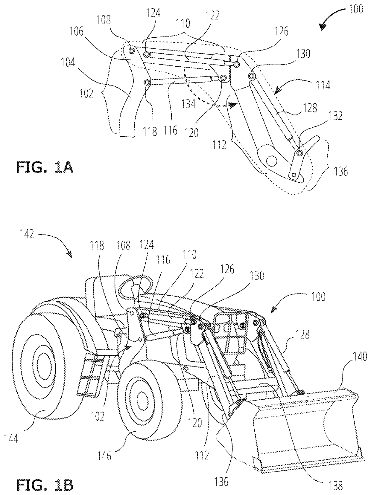 Front-end loader having a double boom with a dogleg bend of 105 to 135 degrees including an extension powered by hydraulic cylinders