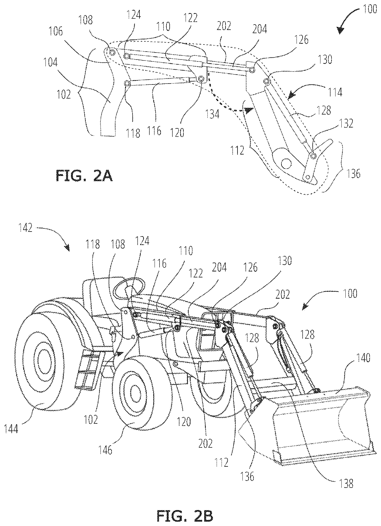 Front-end loader having a double boom with a dogleg bend of 105 to 135 degrees including an extension powered by hydraulic cylinders