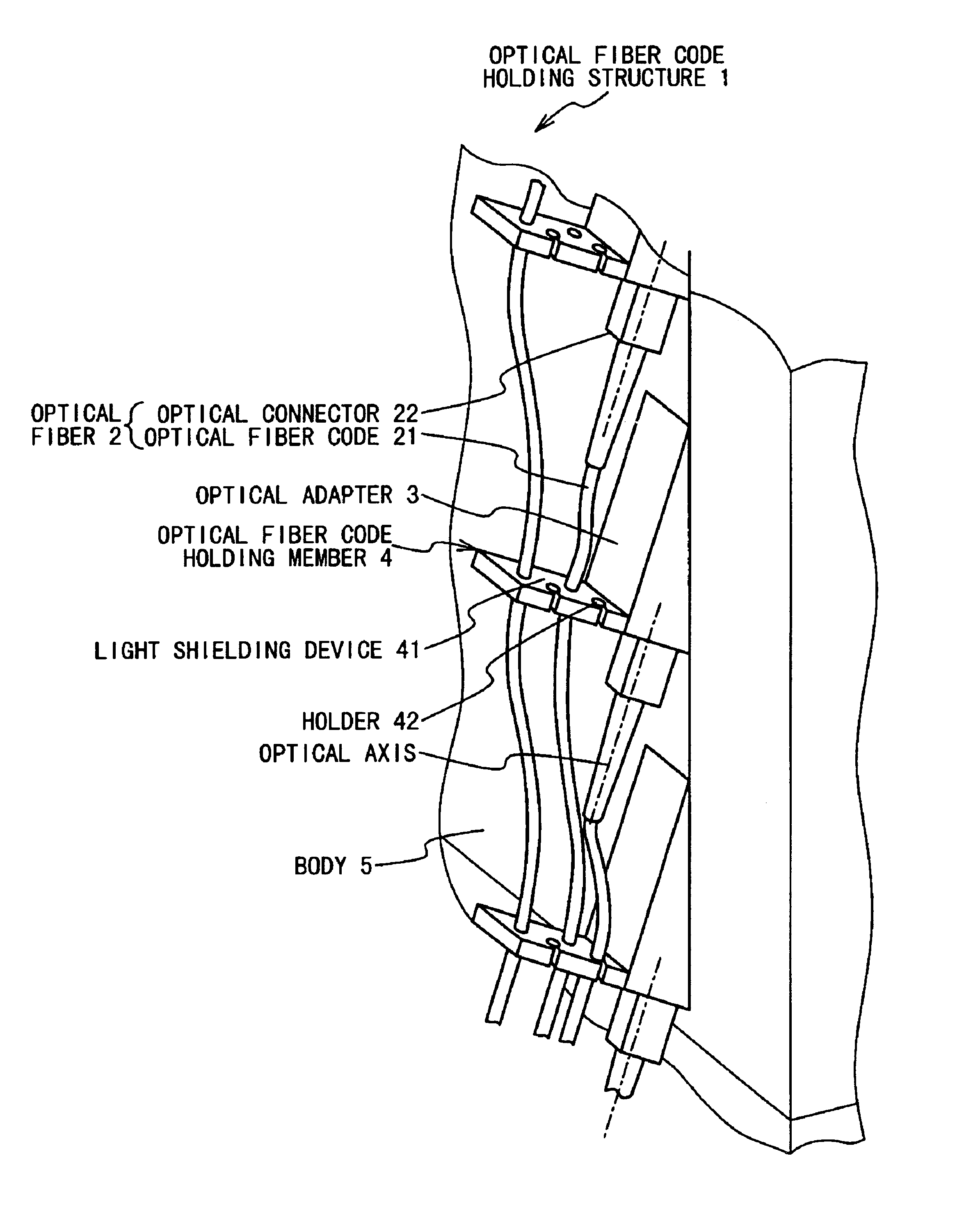 Optical fiber code holding structure in which the number of the parts for the function of protecting the light from being directly viewed and the function of holding the optical fiber code is reduced and the connecting work of an optical connector is easily performed