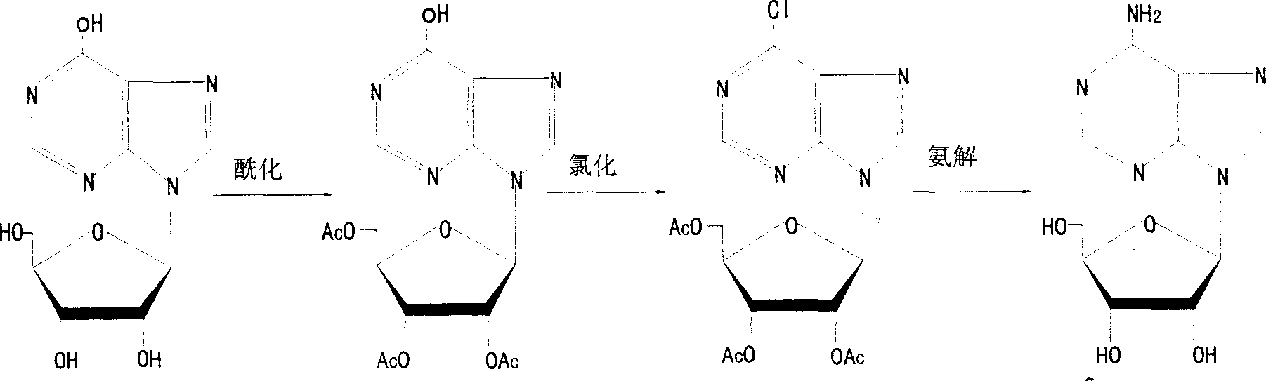 Technique of chemical synthesis of producing adenosine