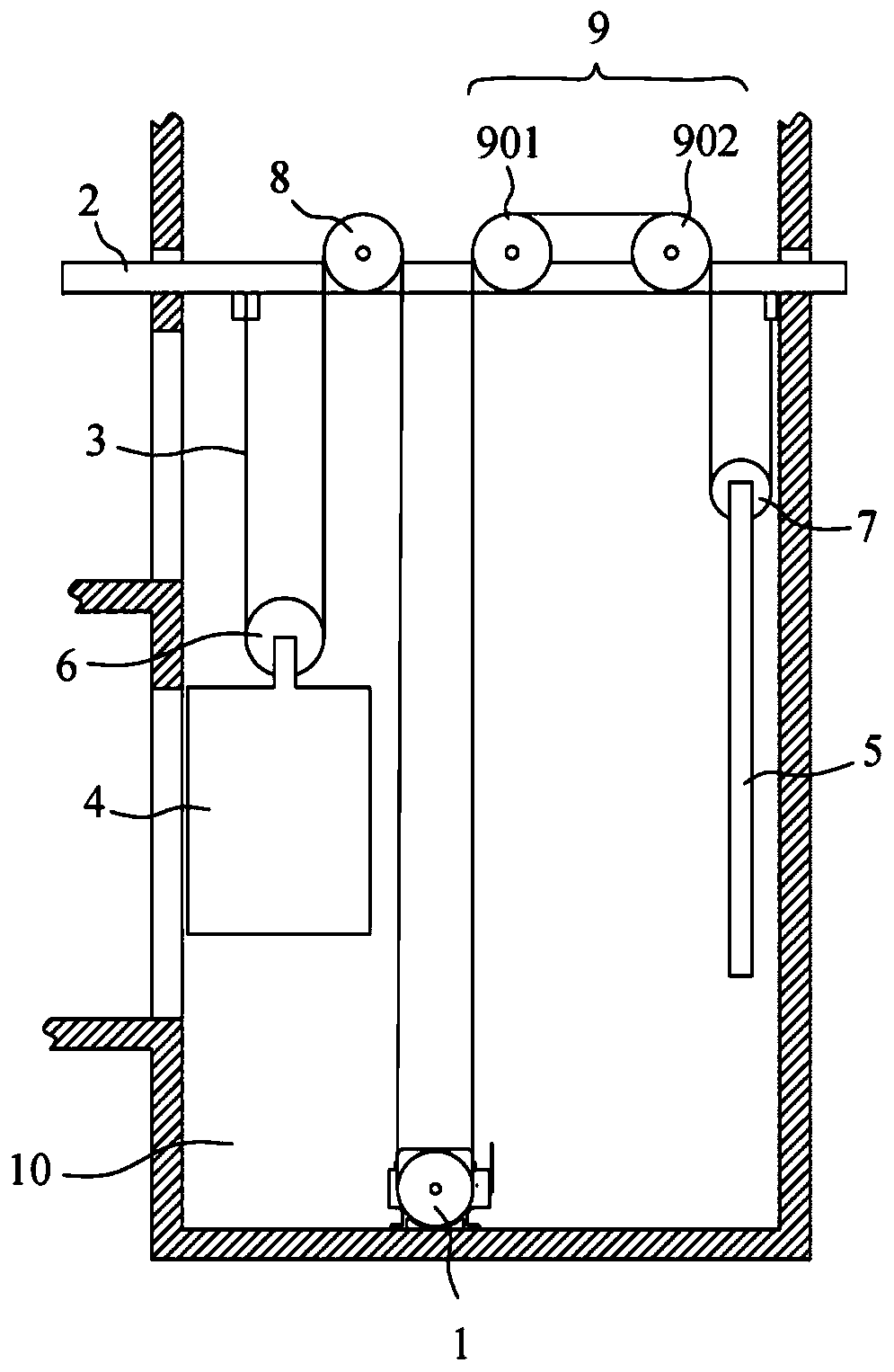 Shaft elevator with underlying traction machine for building construction