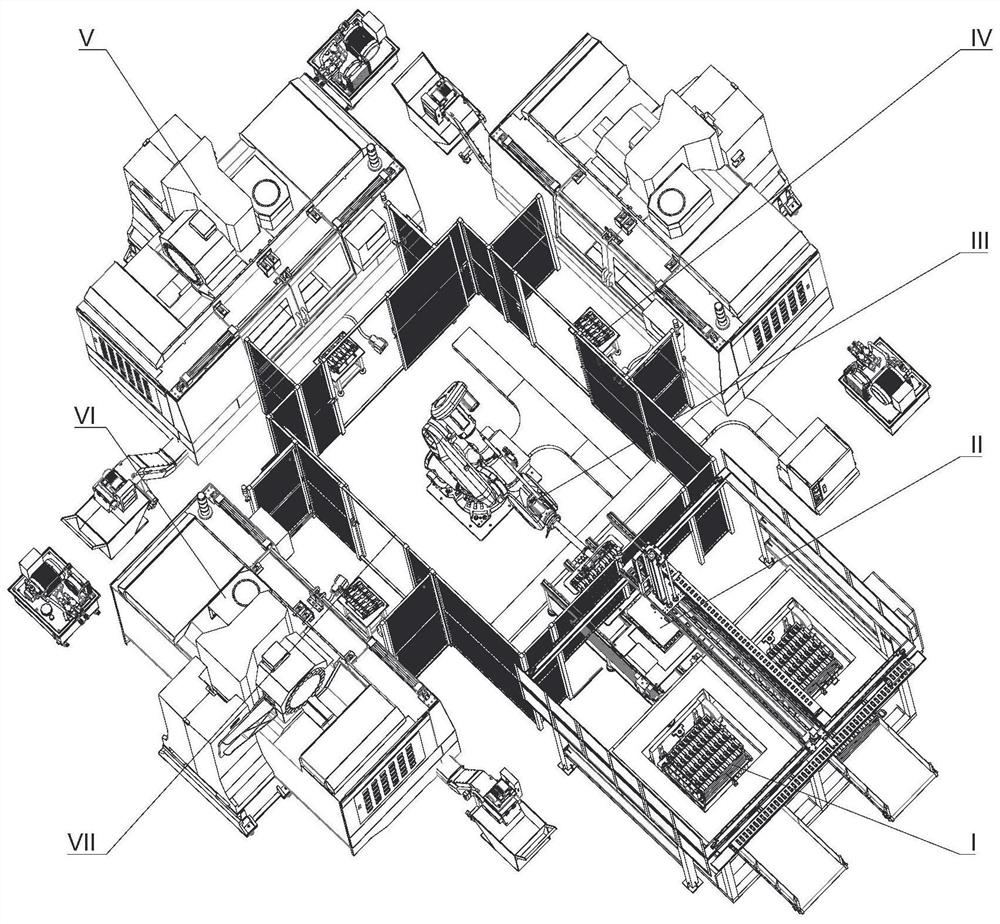 Intelligent self-inspection production line for automatic unpacking, stacking, loading and unloading of machining tool head cavity