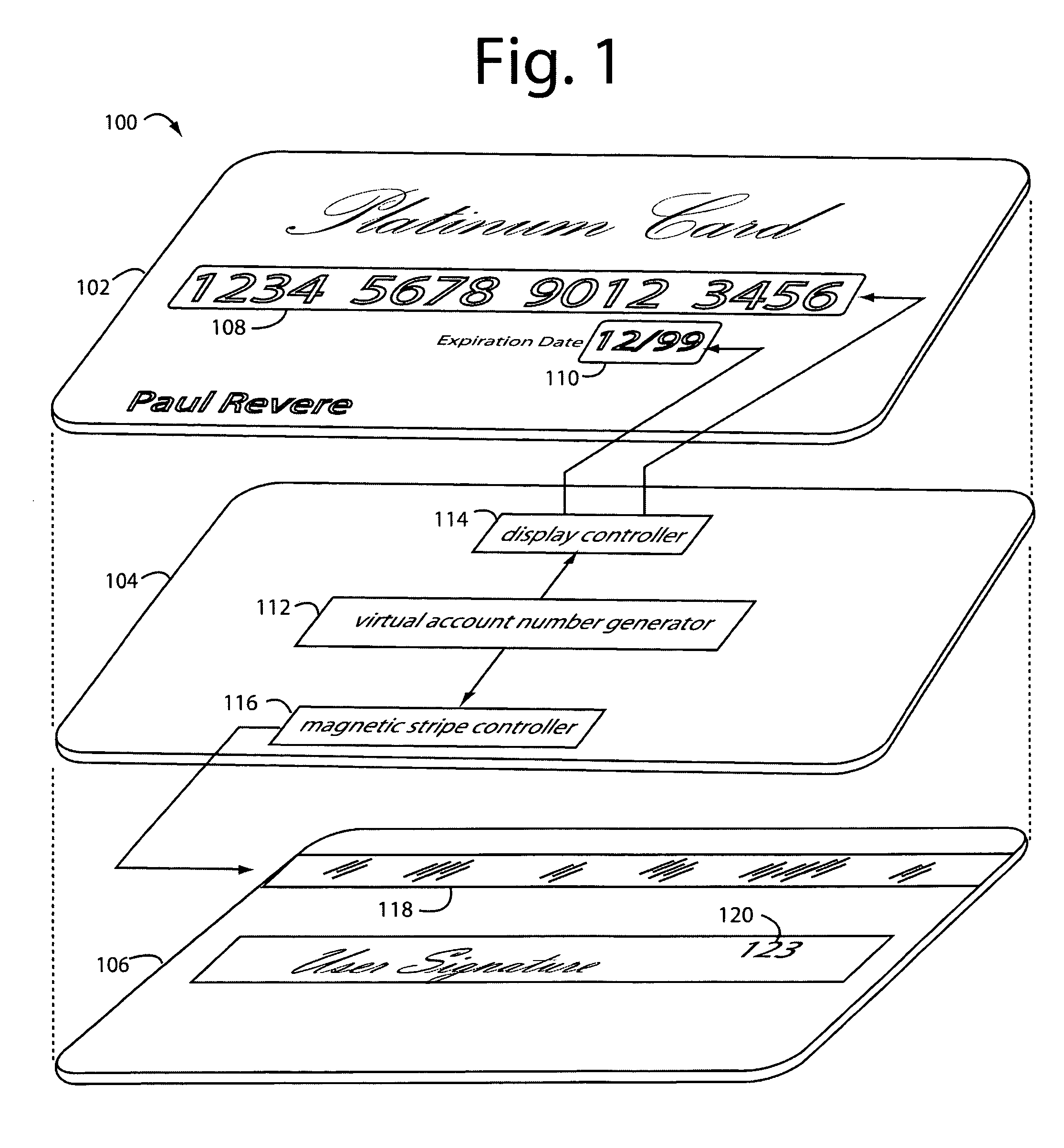 Payment card with internally generated virtual account numbers for its magnetic stripe encoder and user display
