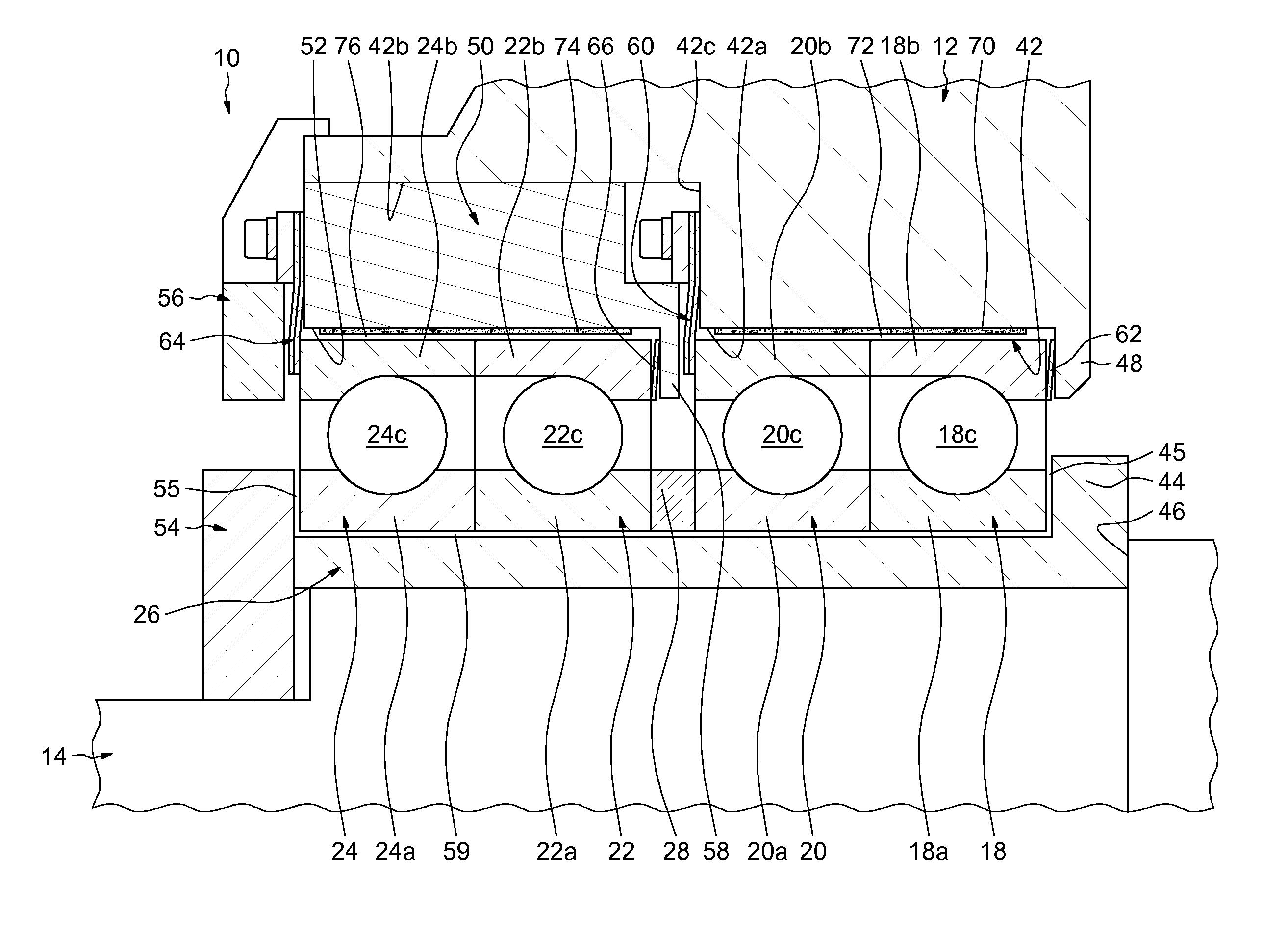 Rotating machine with at least one active magnetic bearing and spaced auxiliary rolling bearings