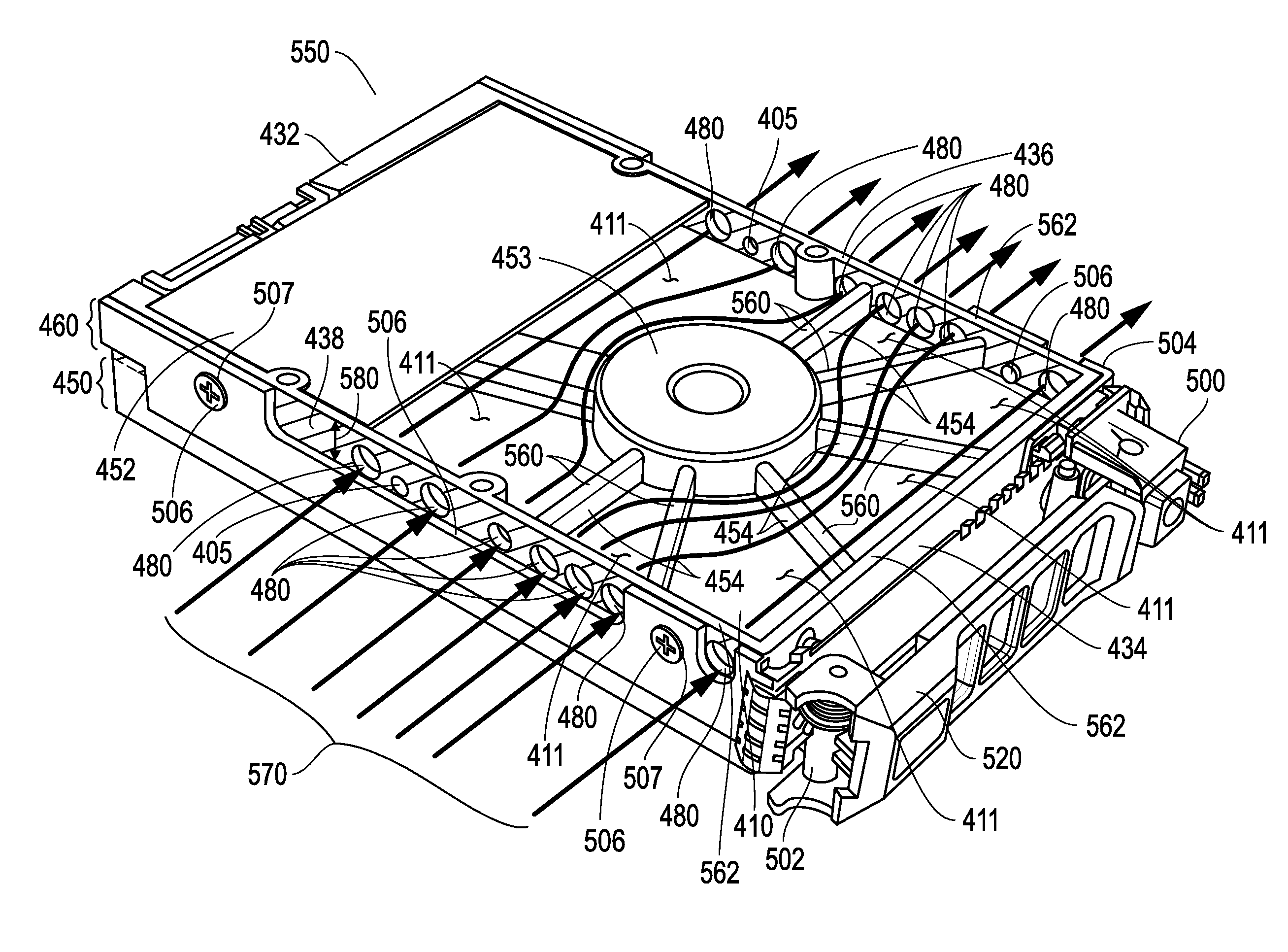 Disk drive carriers and mountable hard drive systems with improved air flow