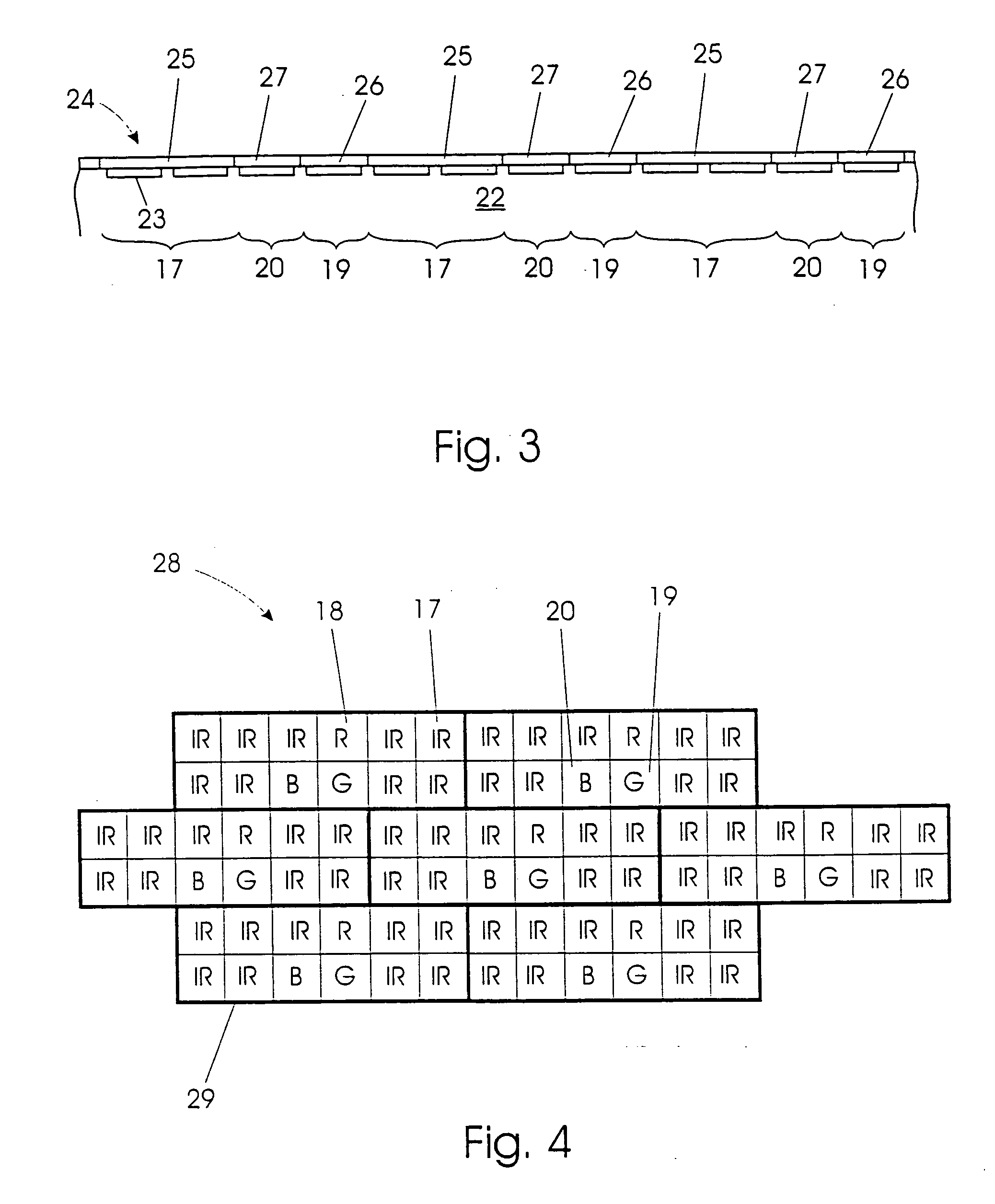 Sensor array with a number of types of optical sensors