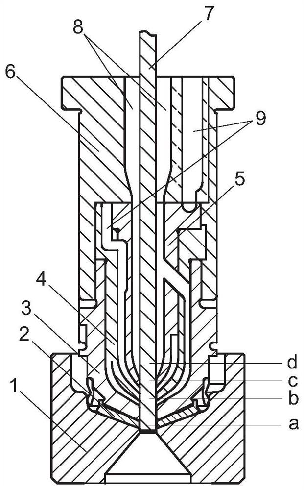 A hot runner nozzle structure for three-layer material injection molding