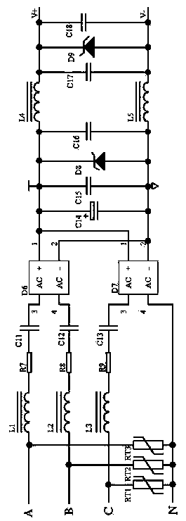 Three-phase charge-controlled electric energy meter based on resistance-capacitance voltage reduction and low-voltage direct-current/direct-current (DC/DC) power supply