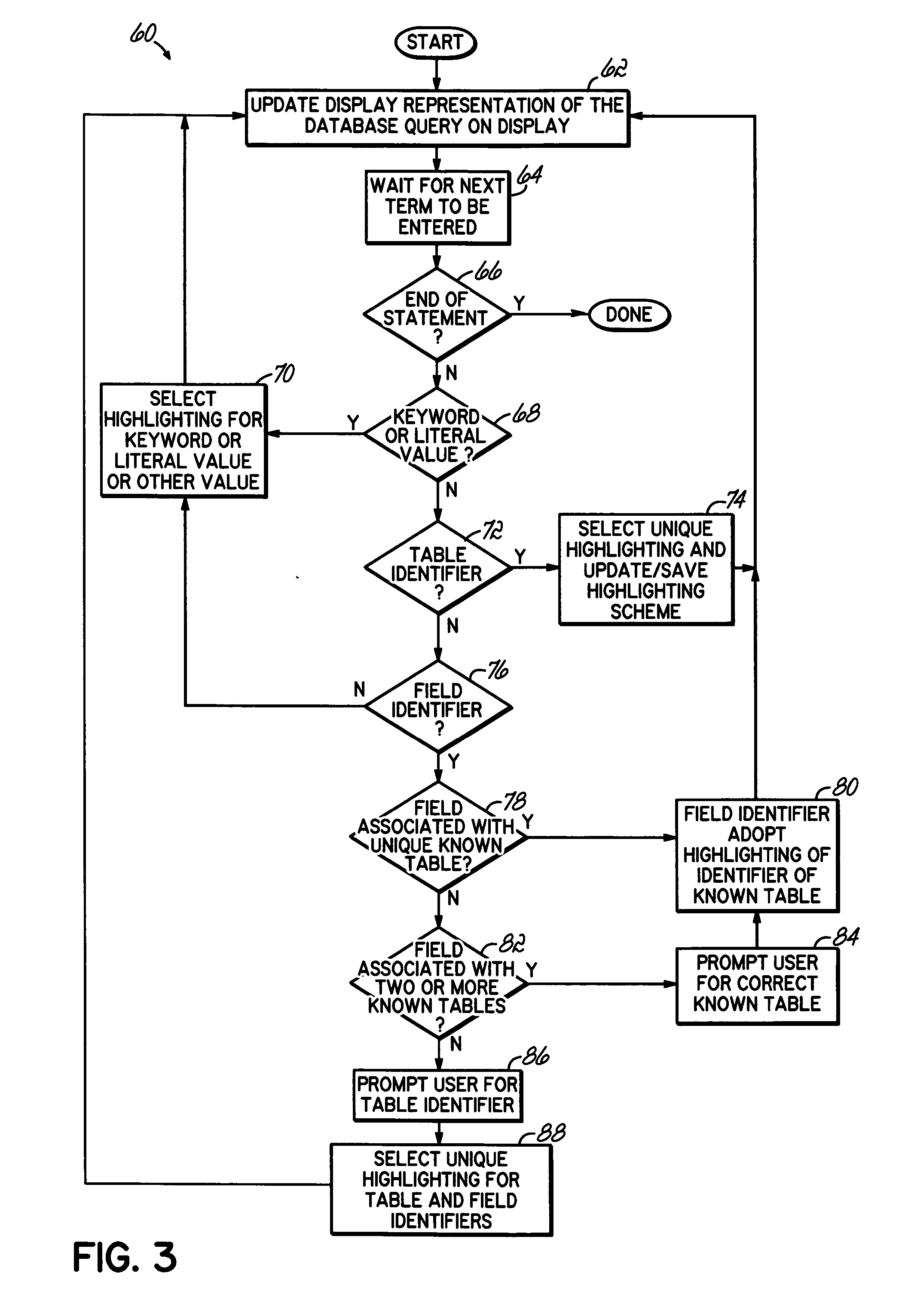 Highlighting entities in a display representation of a database query, results of a database query, and debug message of a database query to indicate associations