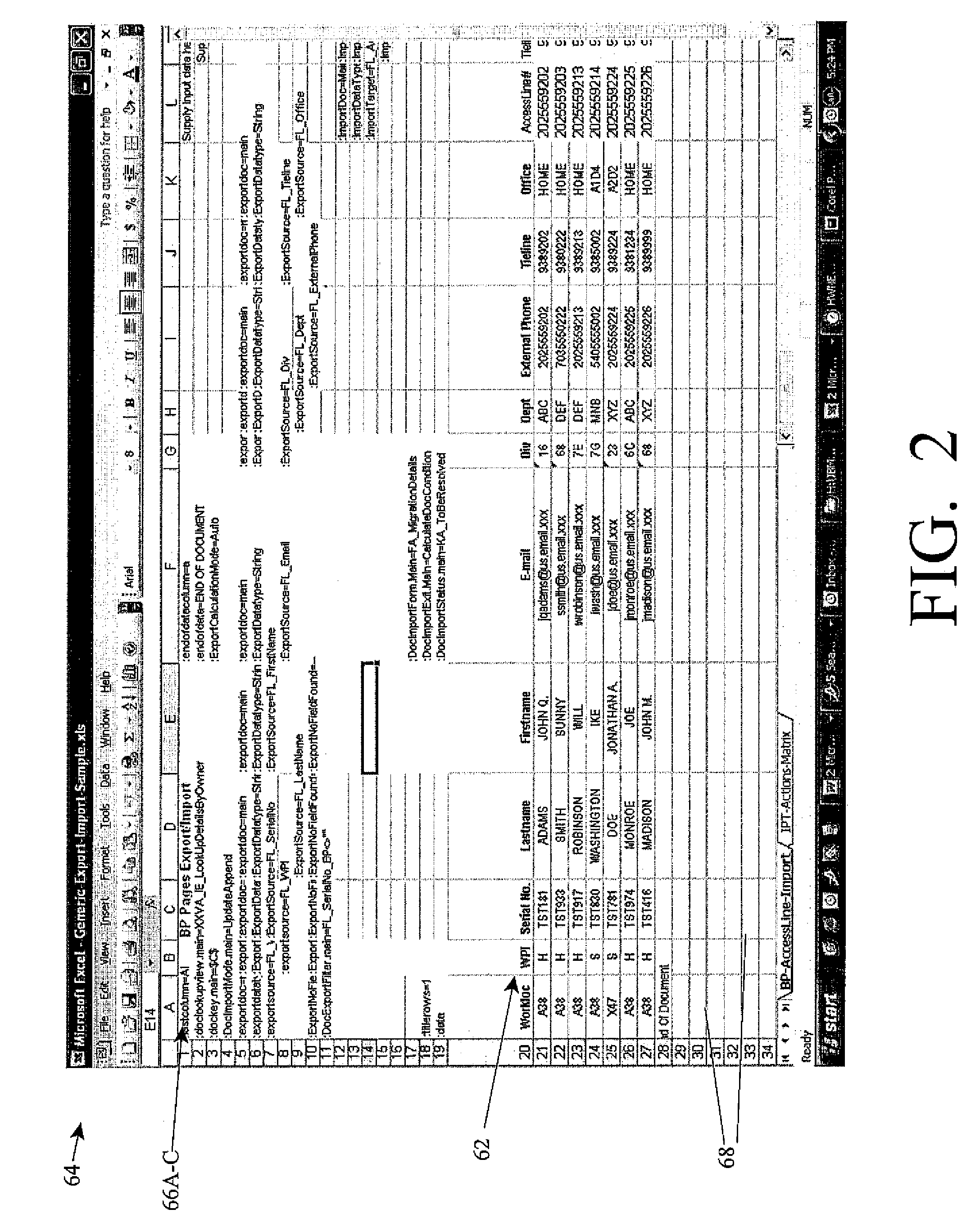 Method, system and program product for defining imports into and exports out from a database system using spread sheets by use of a control language