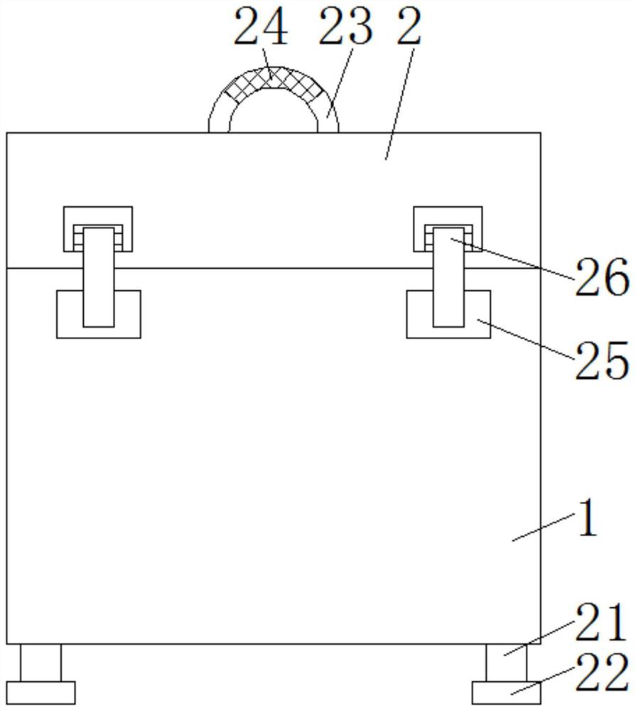 A shock-absorbing storage box for aviation models that uses a secondary connecting rod to avoid dead spots