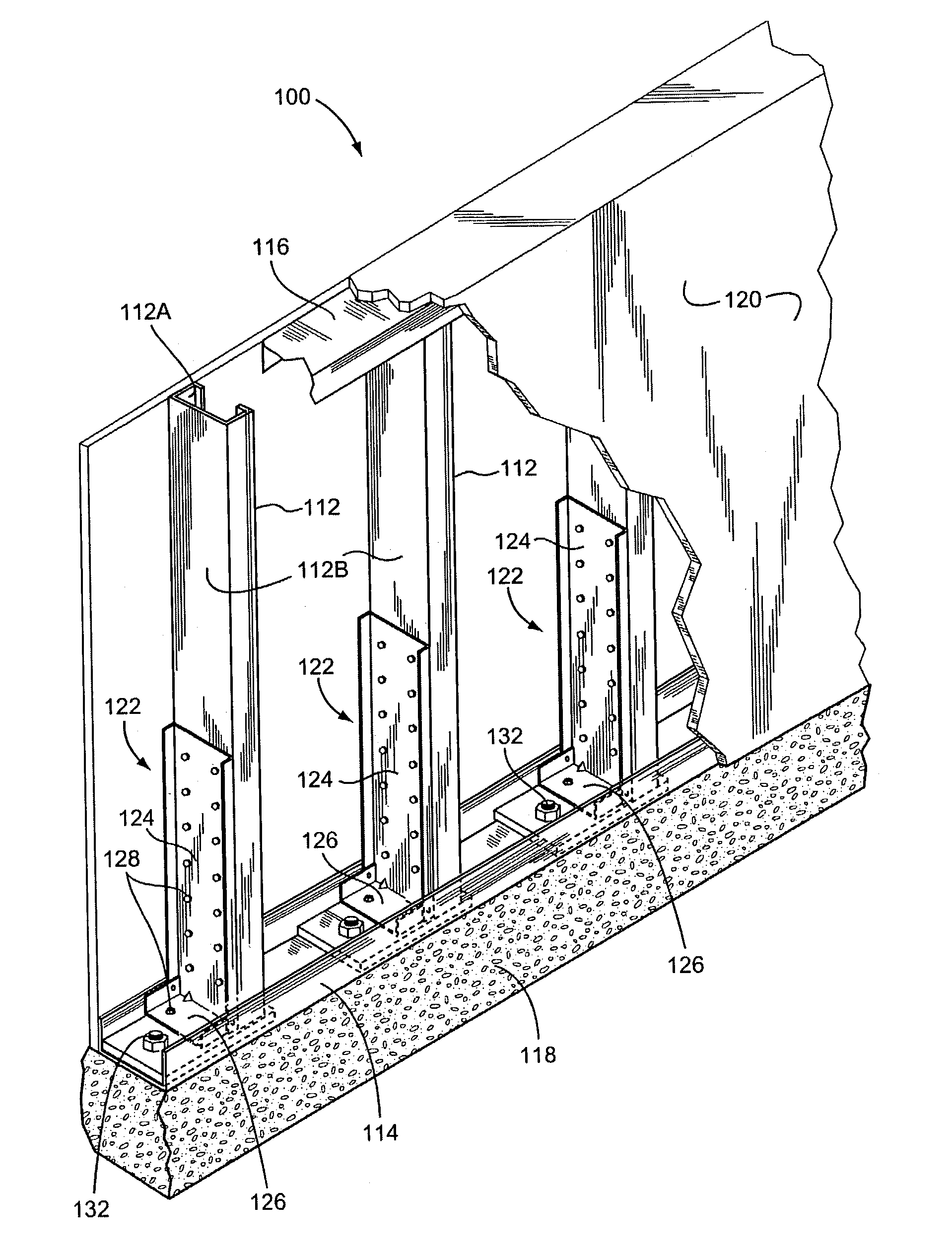 Metal half wall and a connector assembly for securing studs of a half wall to an underlying support structure