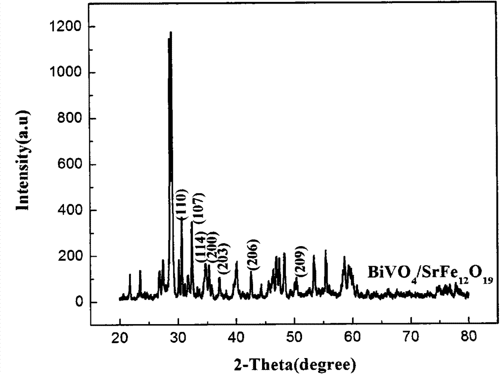 Preparation method for bismuth vanadate composite photocatalyst loaded with strontium ferrite