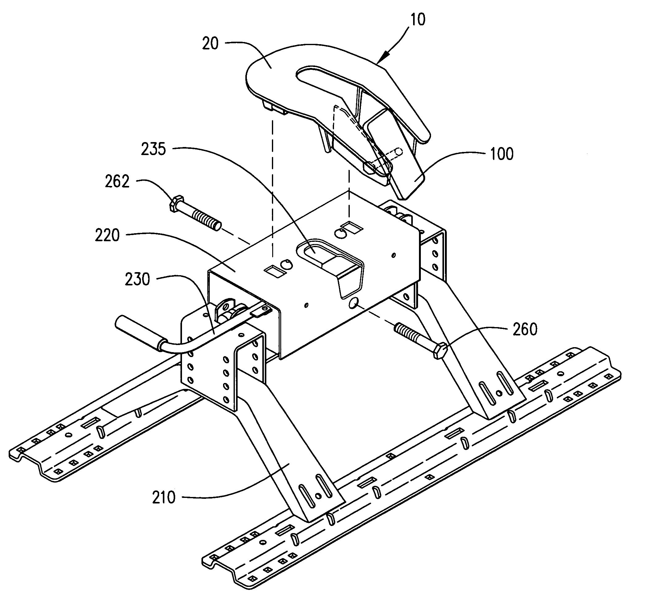 Fifth wheel hitch device with pivotal locking ramp