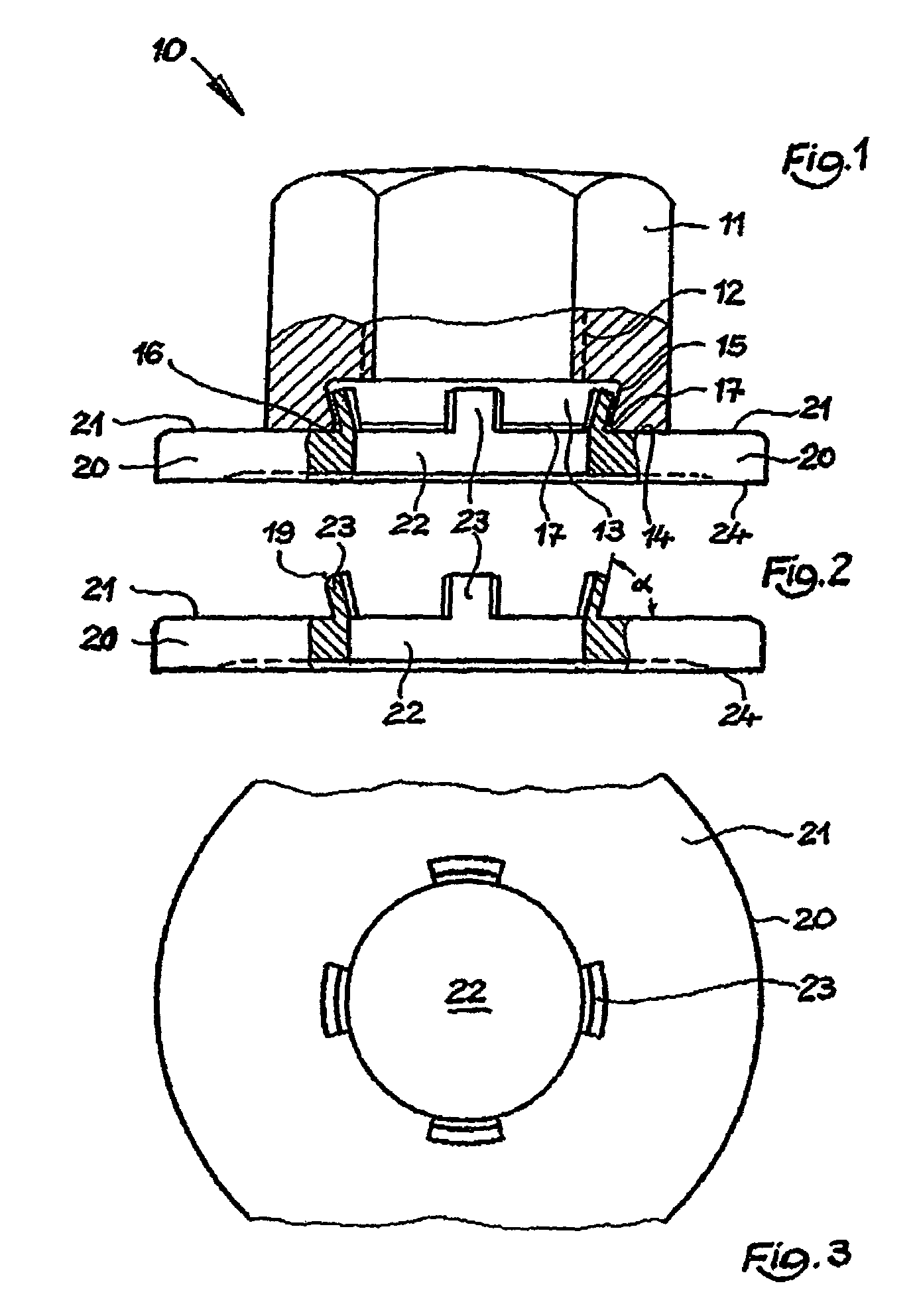 Fastening element, washer and fastening means therefrom