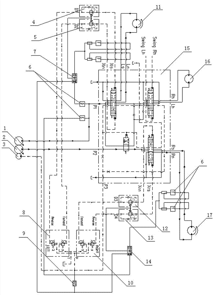 Device for improving linear running performance of excavator during compound action