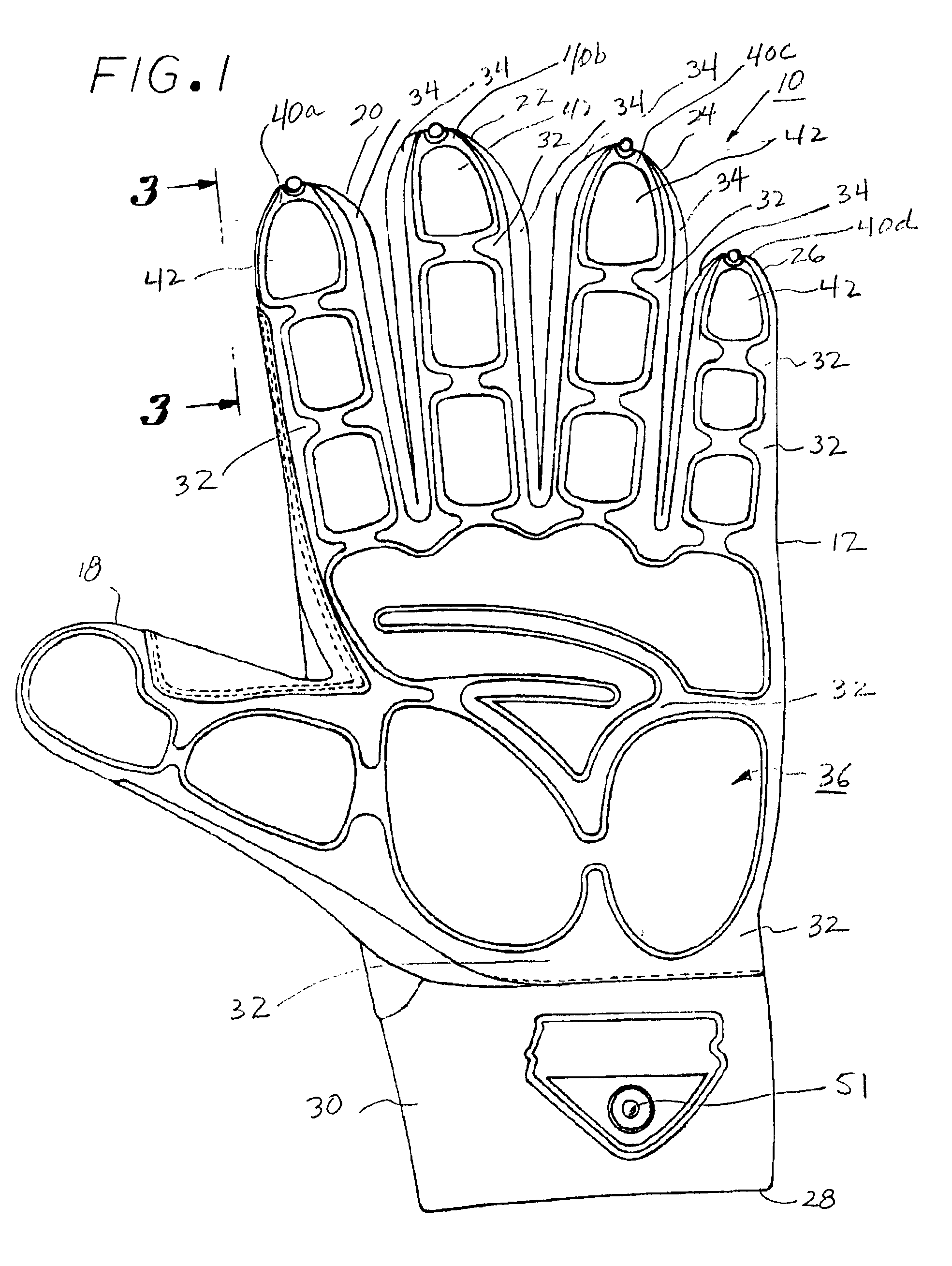 Glove having molded rubber palm pattern with a portion that rolls over fingertips