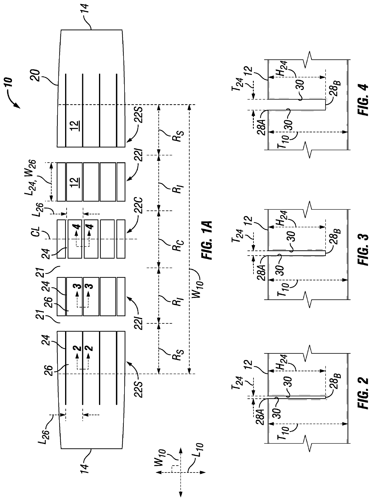 Lateral discontinuities having thicknesses increasing from shoulder to center of tire tread